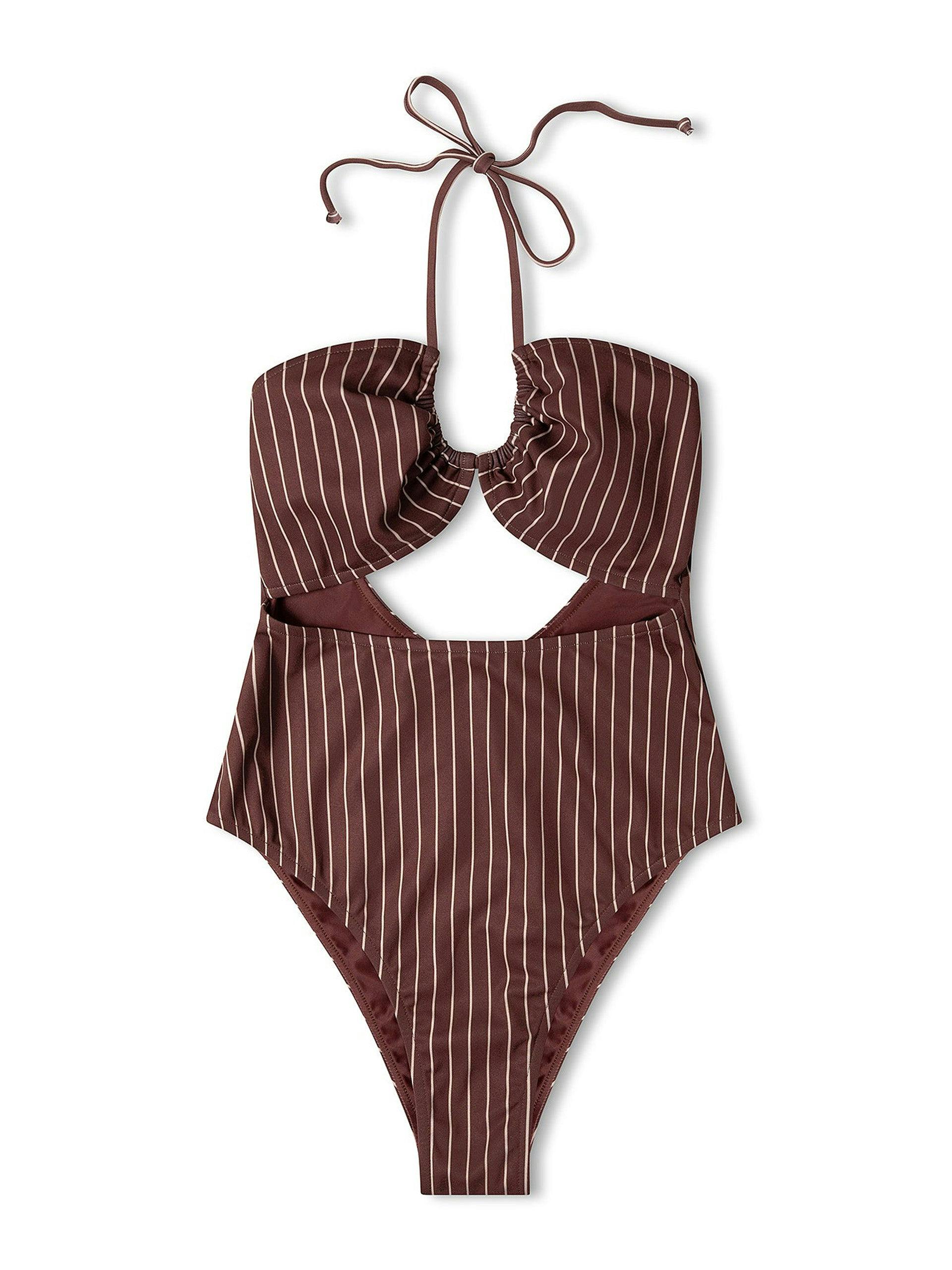 Brown striped halterneck swimsuit