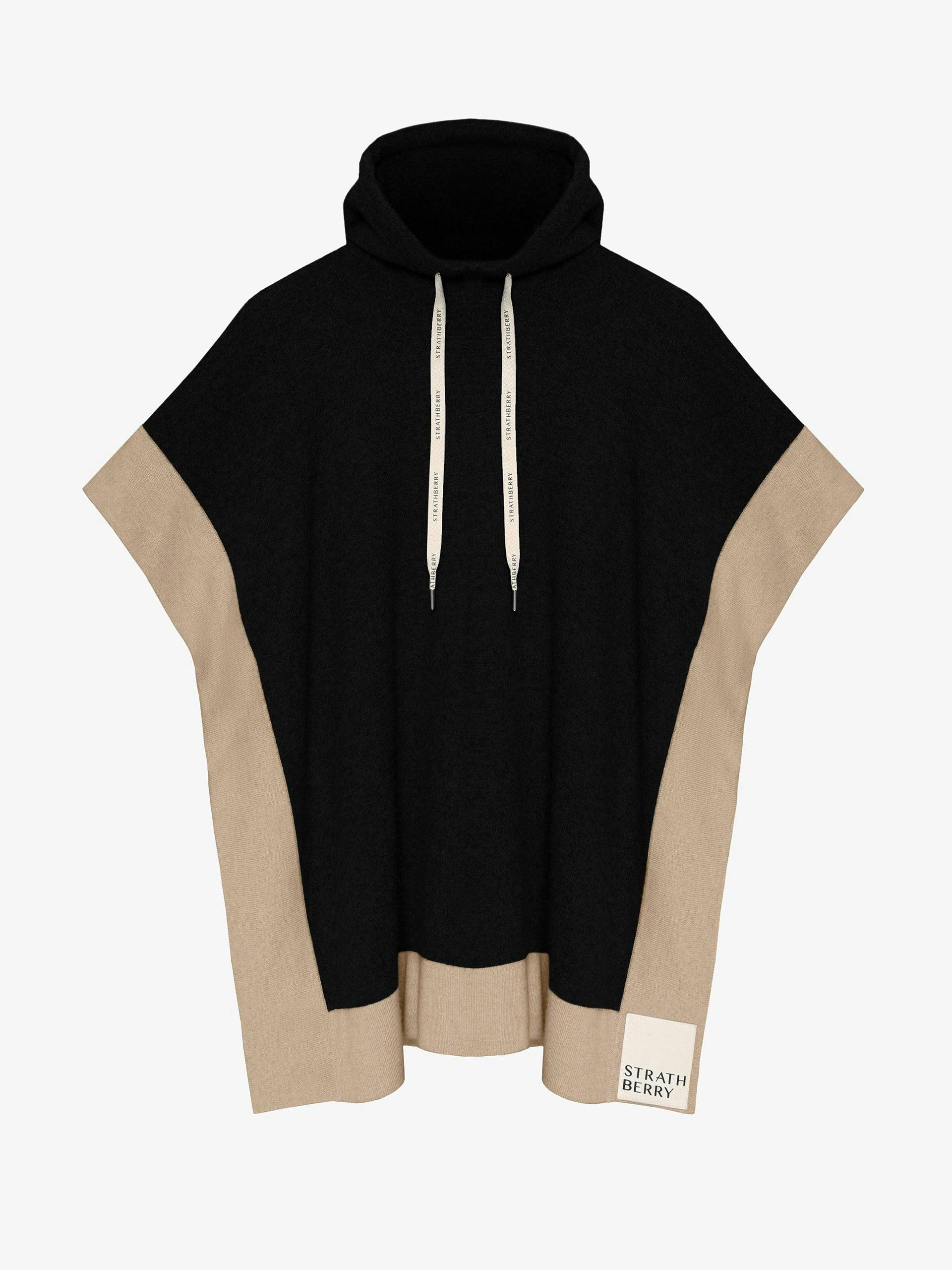 Black and camel cashmere poncho with hood