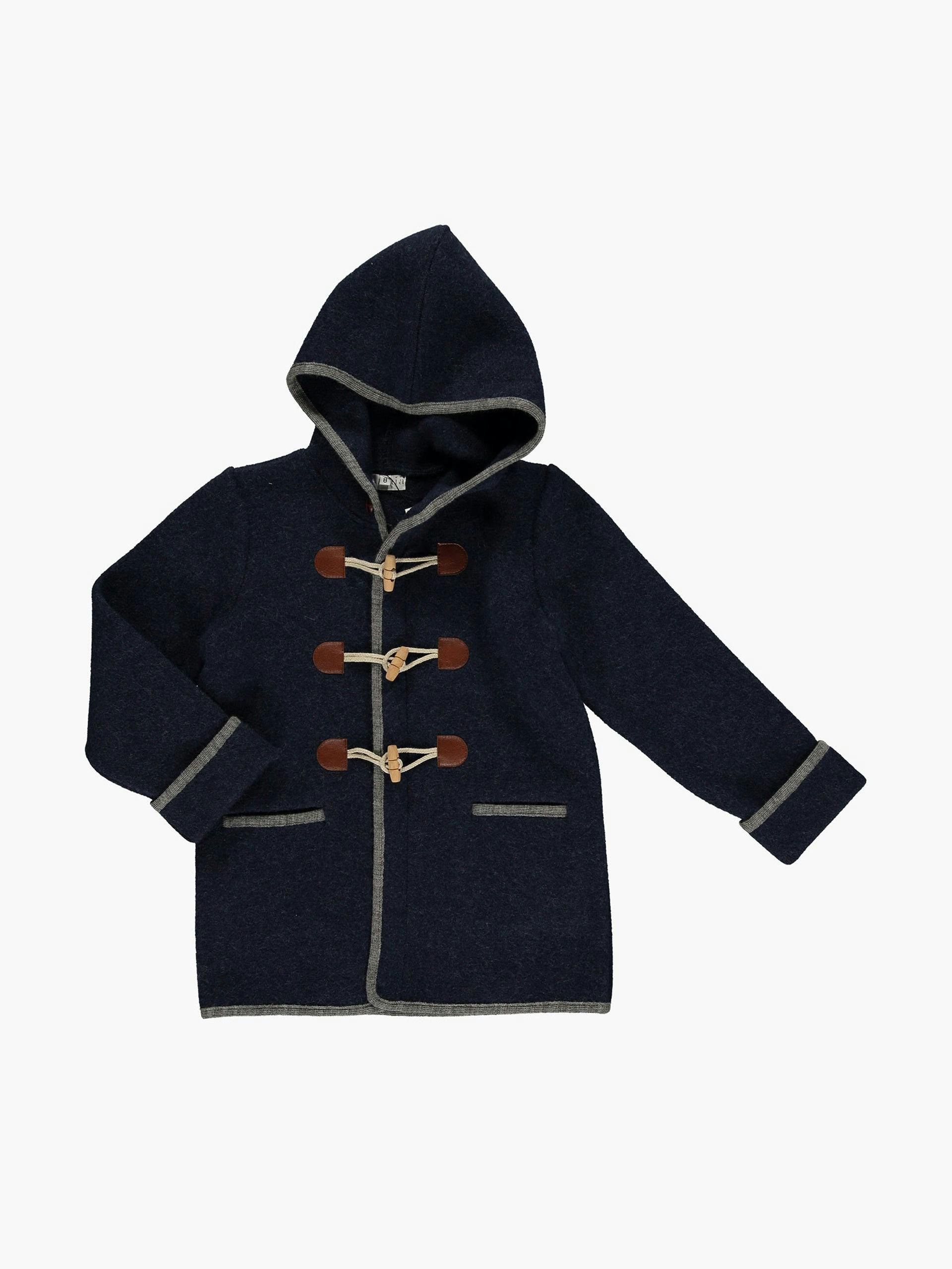 Navy hooded wool duffle coat
