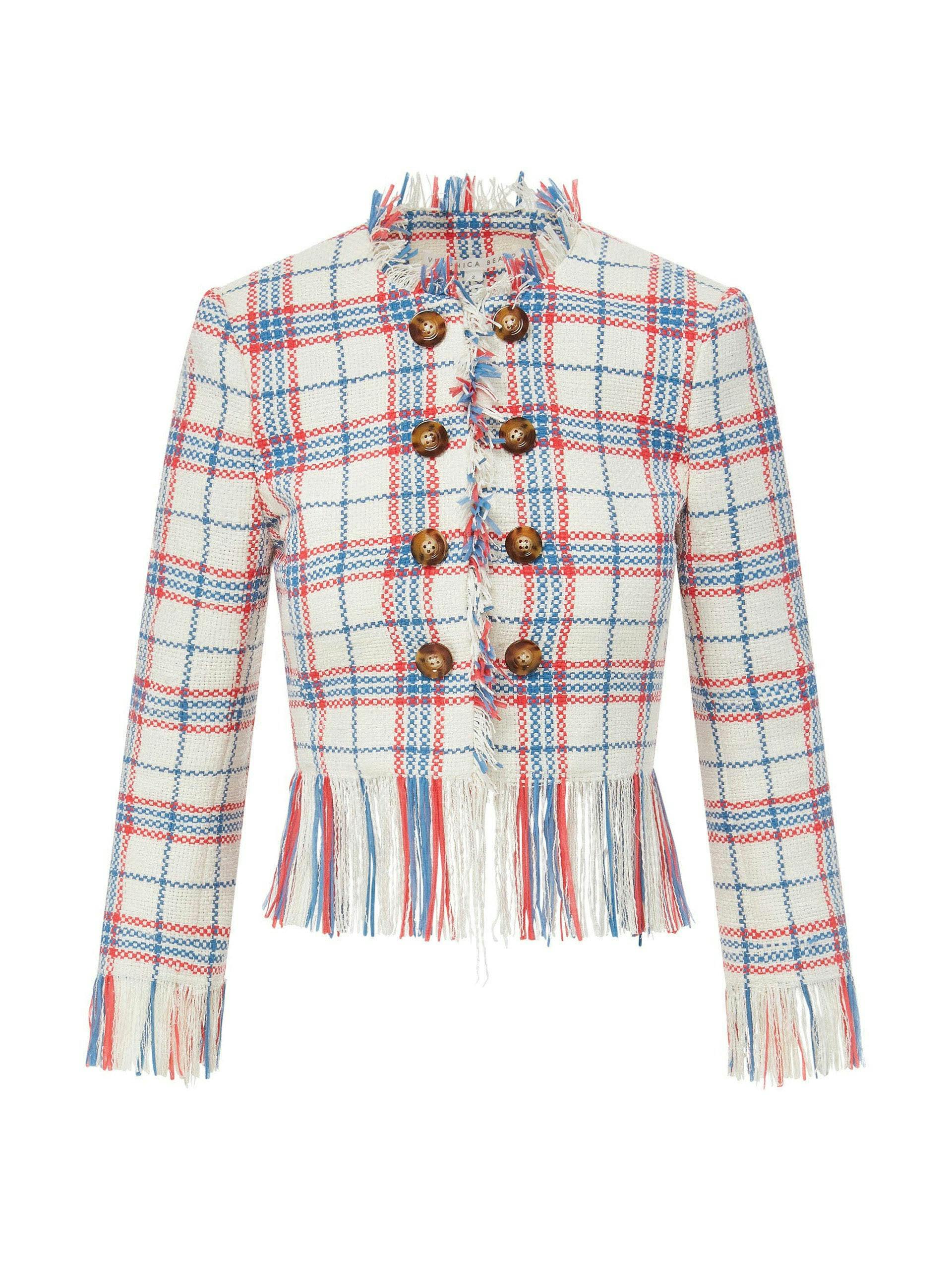 White, red and blue checkered fringed blazer