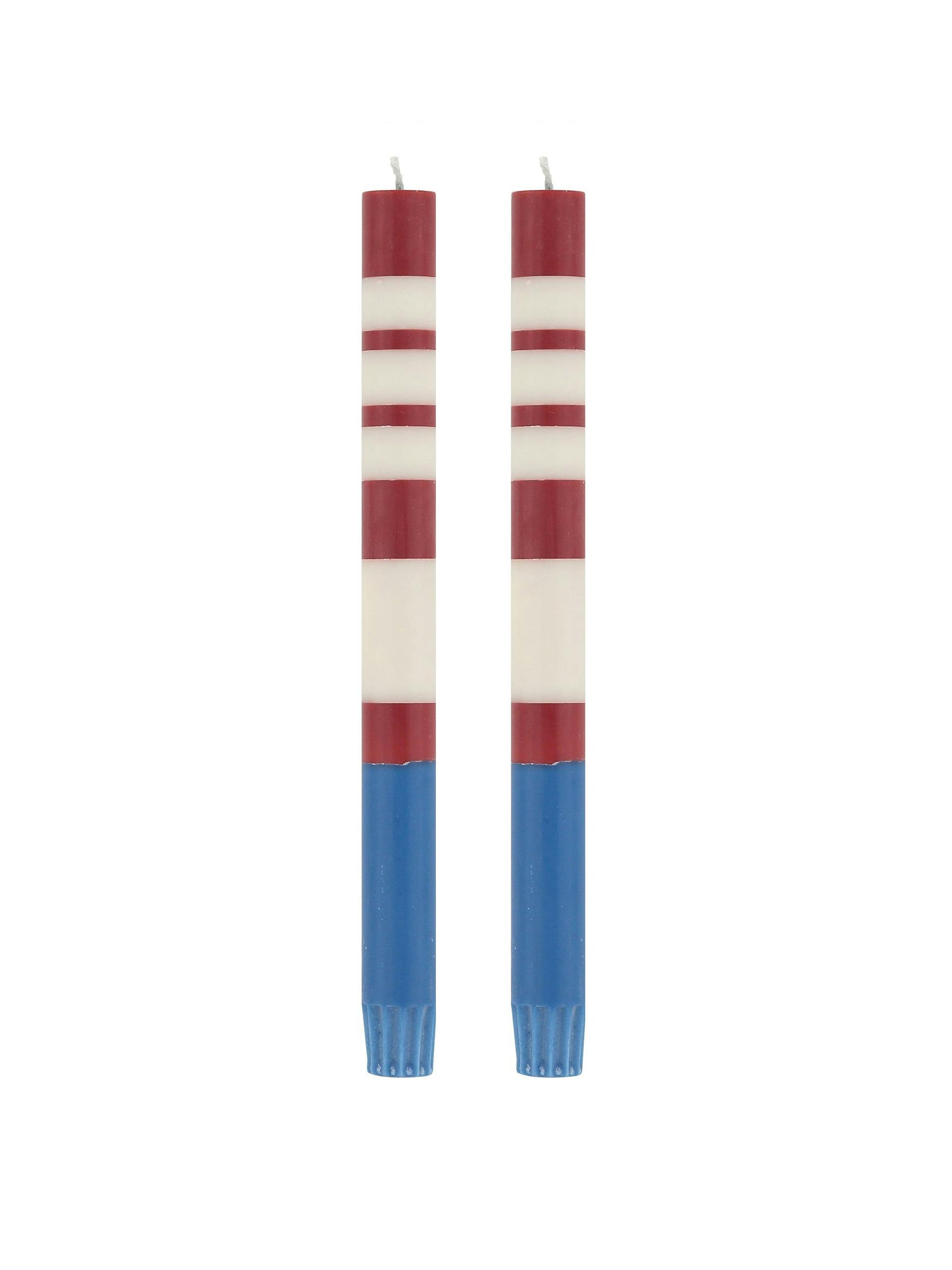 Striped dinner candles in red, blue and white (set of two)