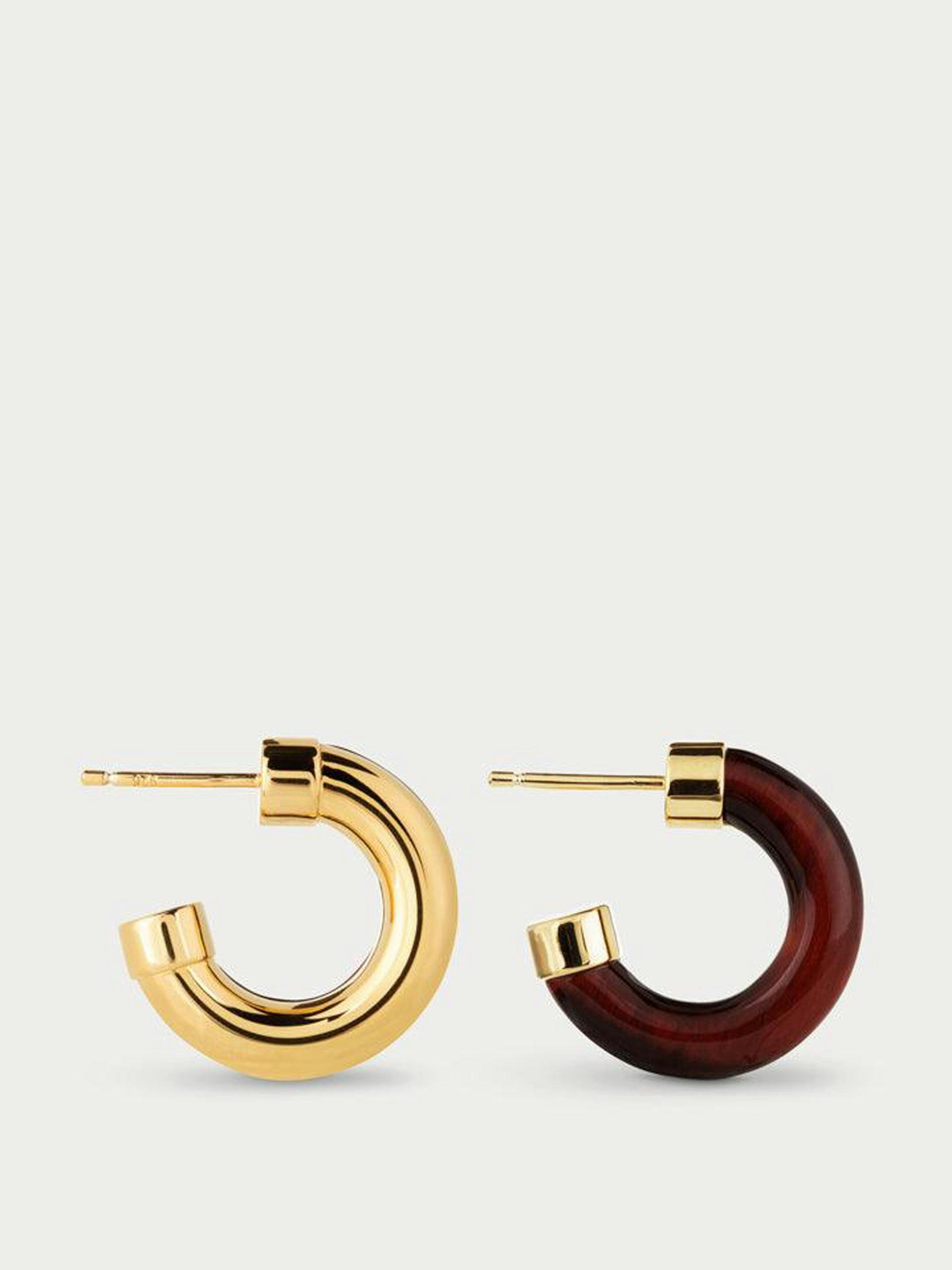 Half Full gold and red tiger’s eye hoop earrings
