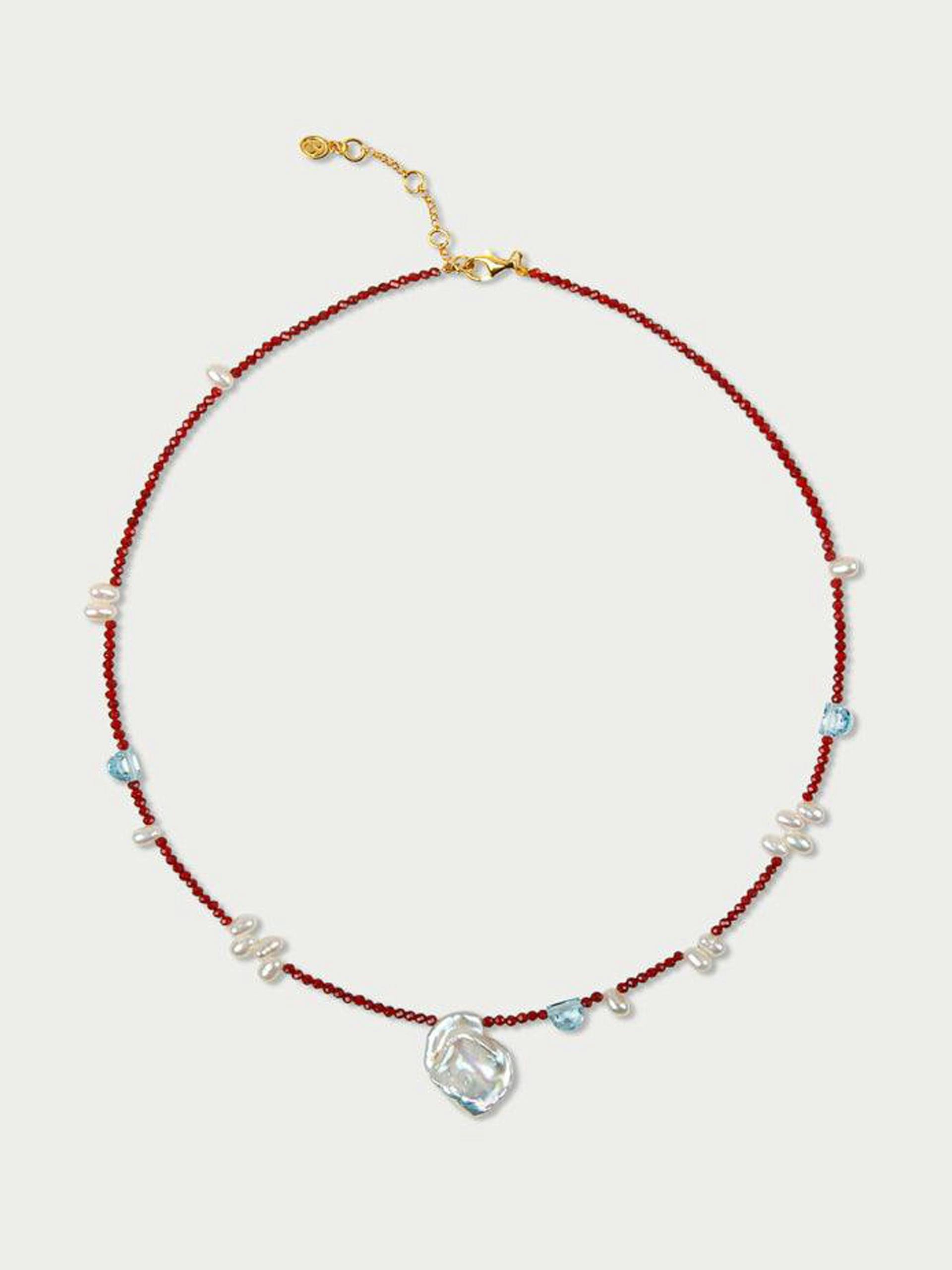 Lolipop red carnelian, blue topaz and pearl necklace