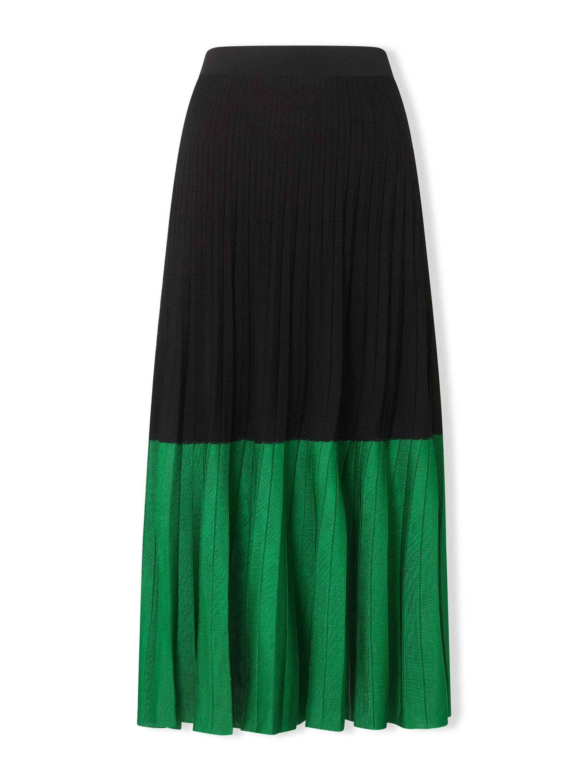 Black and green Colette pleated knit midi skirt with contrast hem