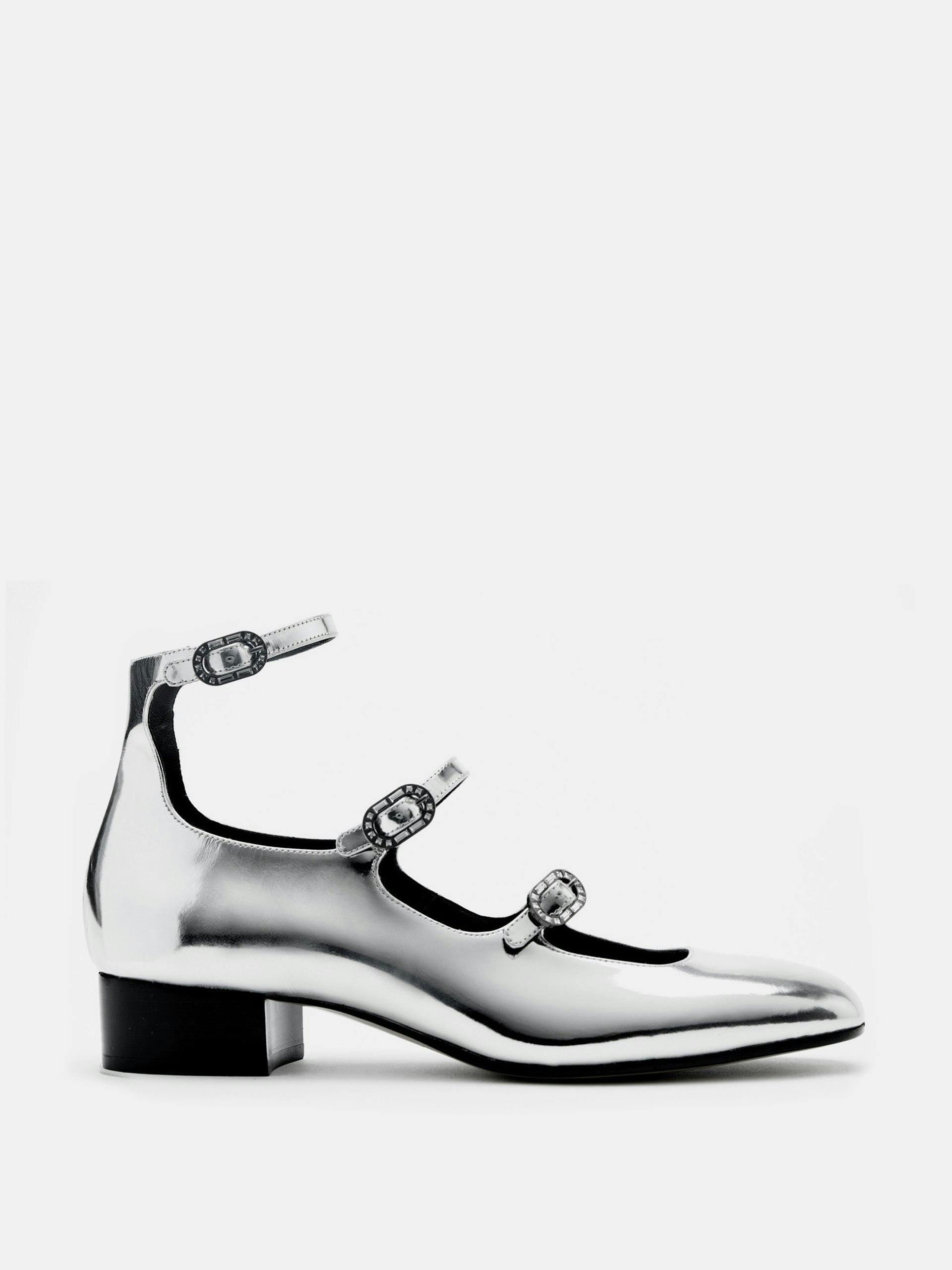 Silver patent-leather three-strap Mary Janes