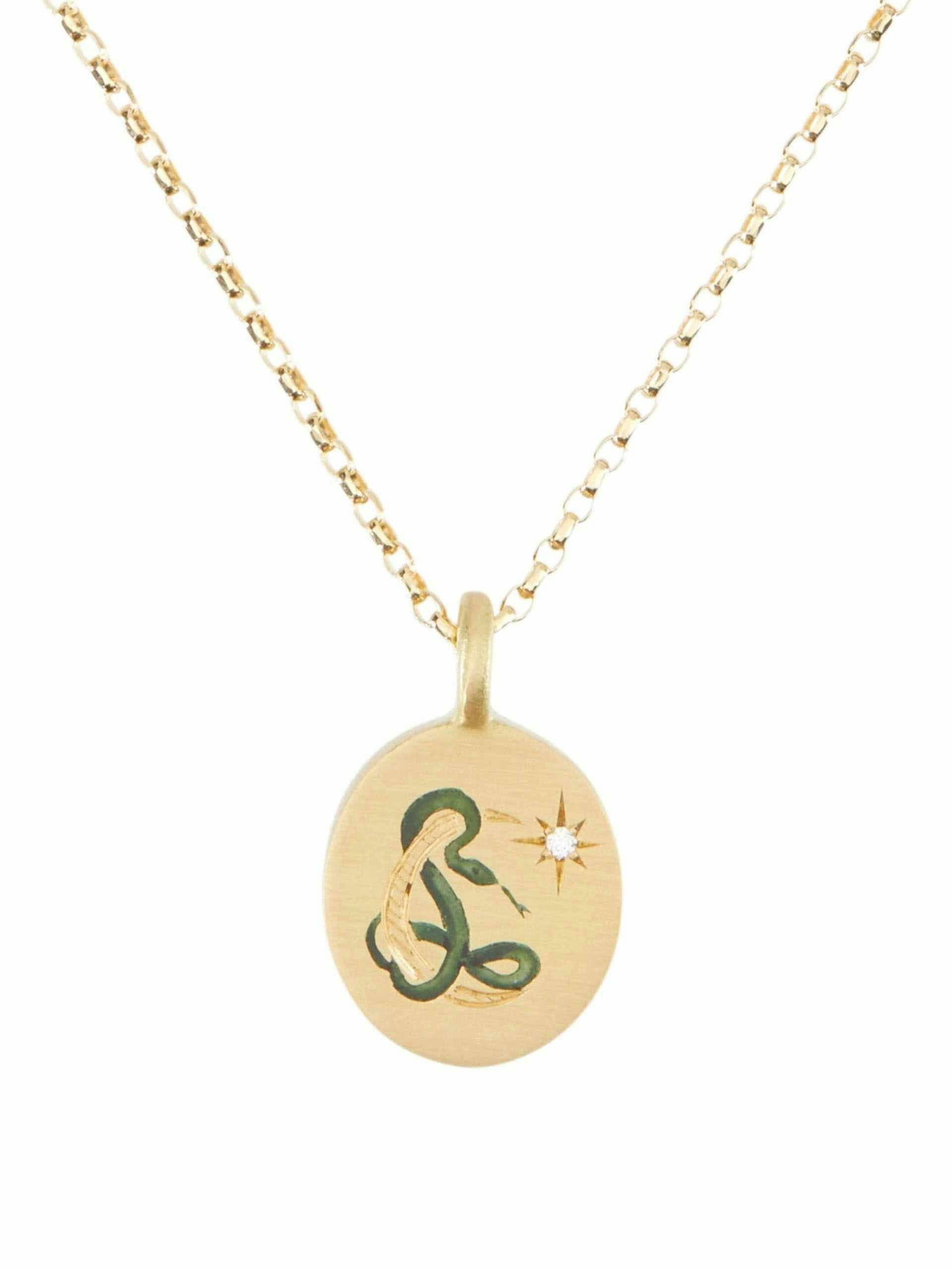 Snake & moon gold hand-painted enamel necklace