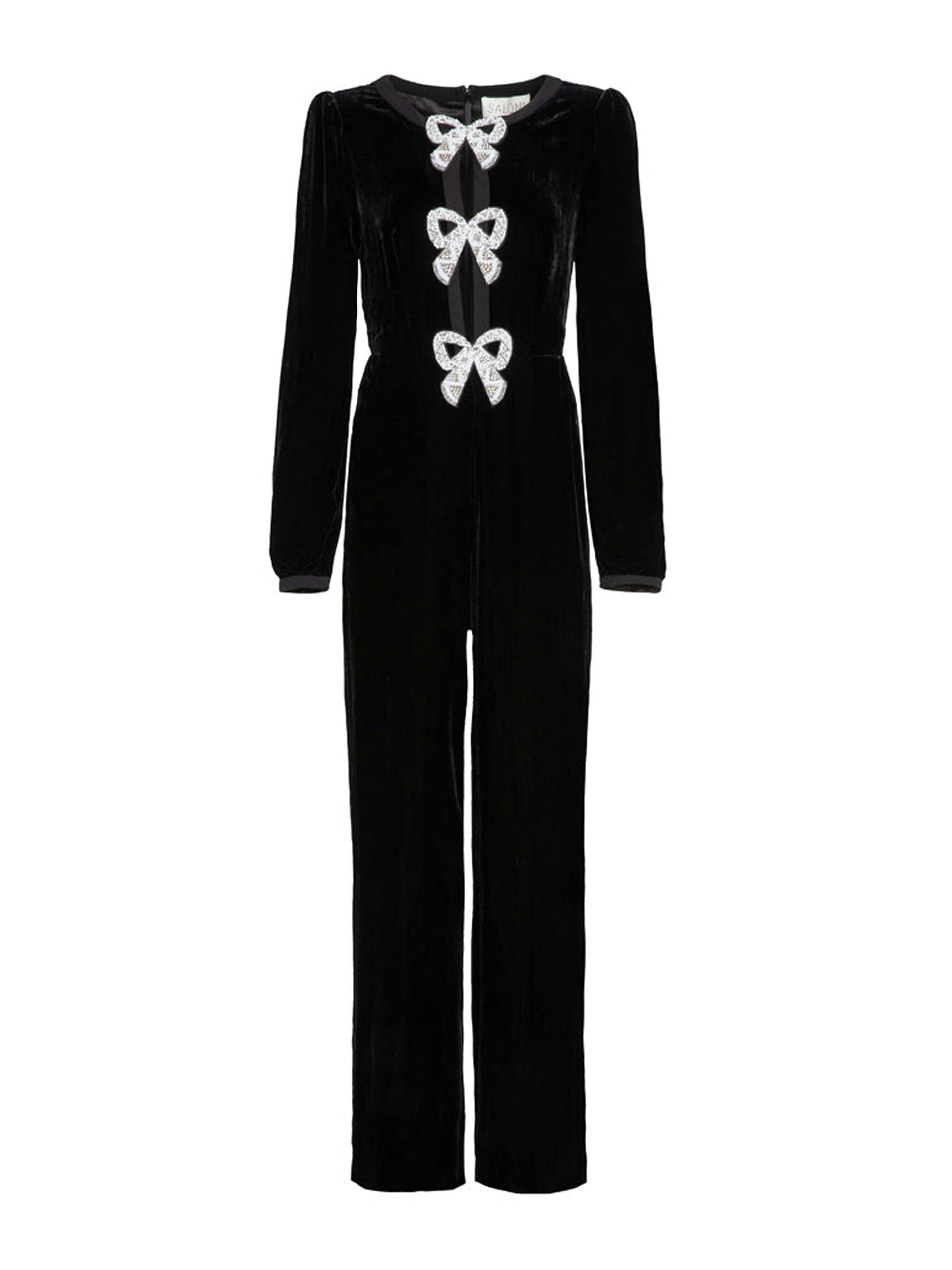 Camille velvet embellished bows jumpsuit in black