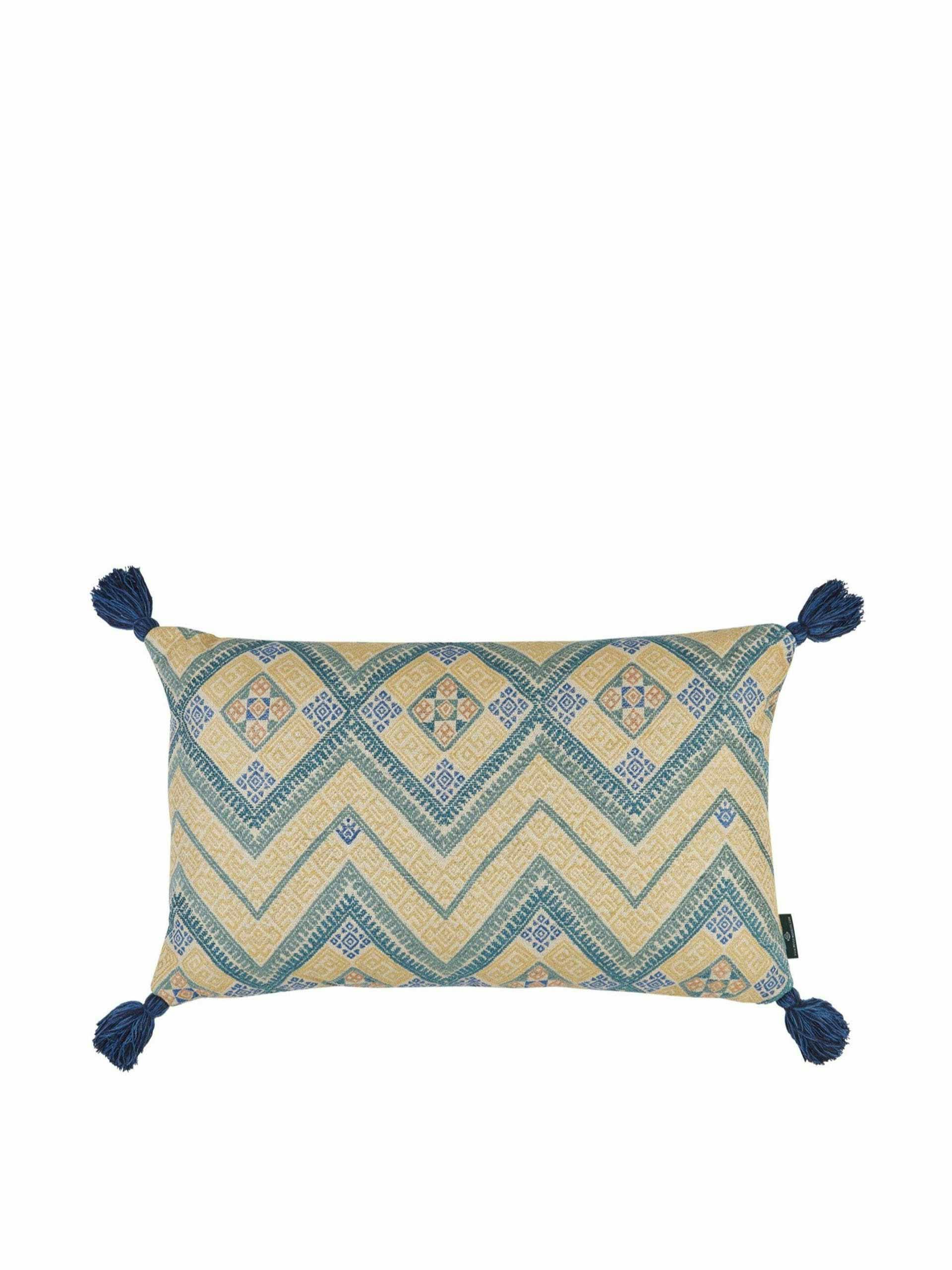 Limited edition gold blue yellow mosaic with mustard striped cushion with blue tassels