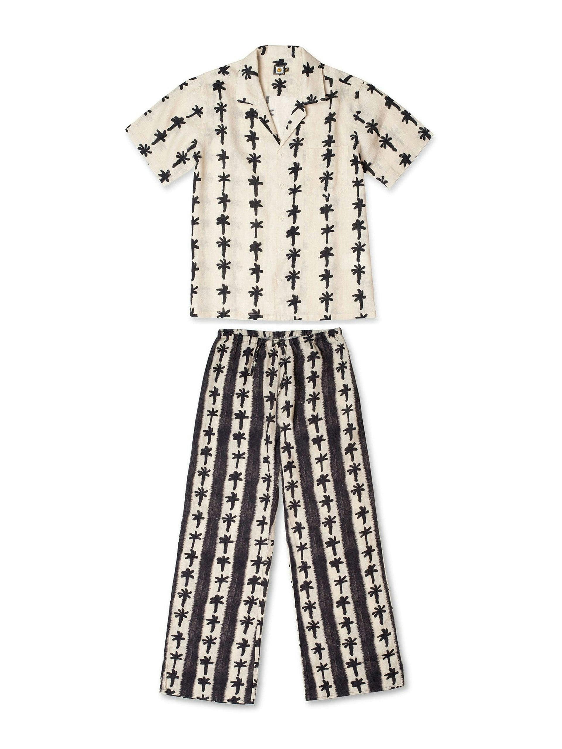 Cream and black palm stripe print linen cuban long pyjama set