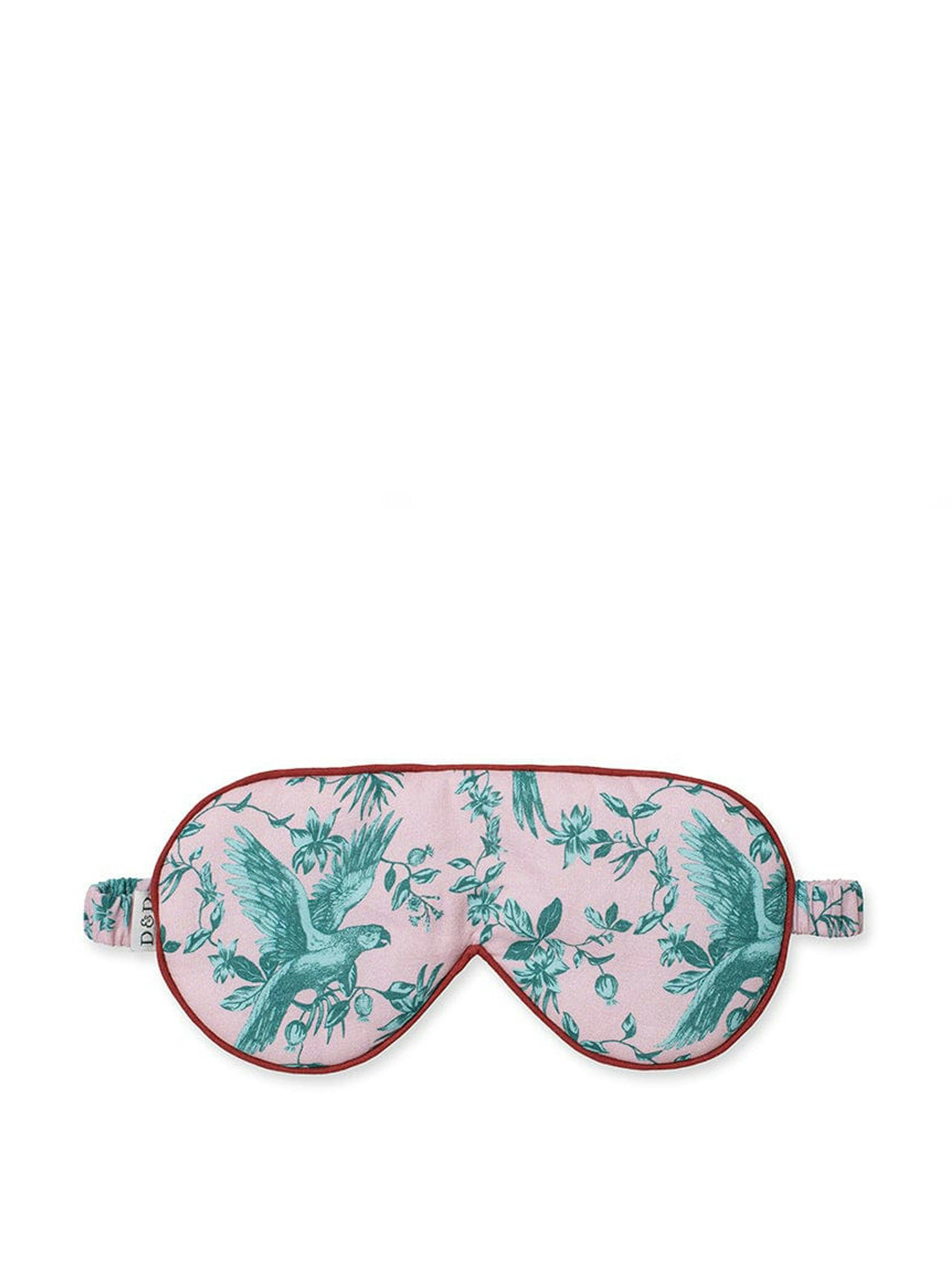 Cotton luxe eye mask in pink and blue Bromley Parrot print