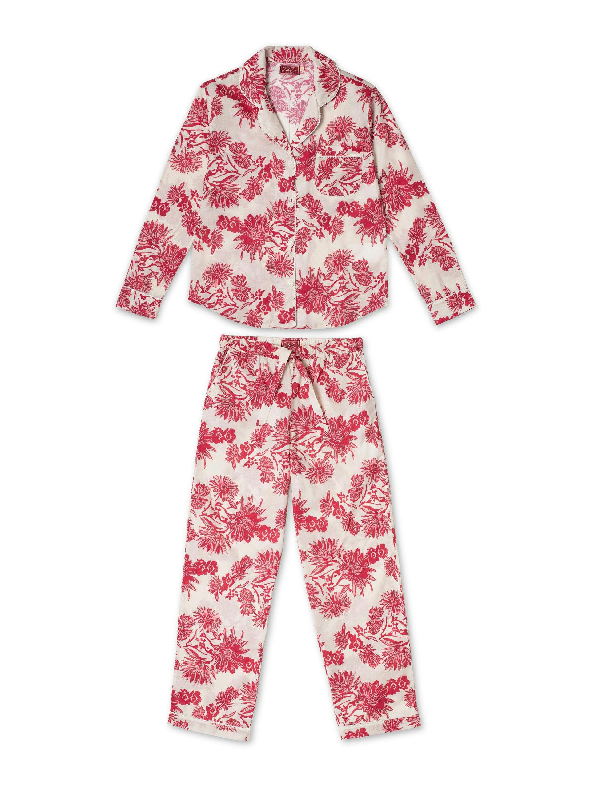 Pink cactus flower print long pyjama set