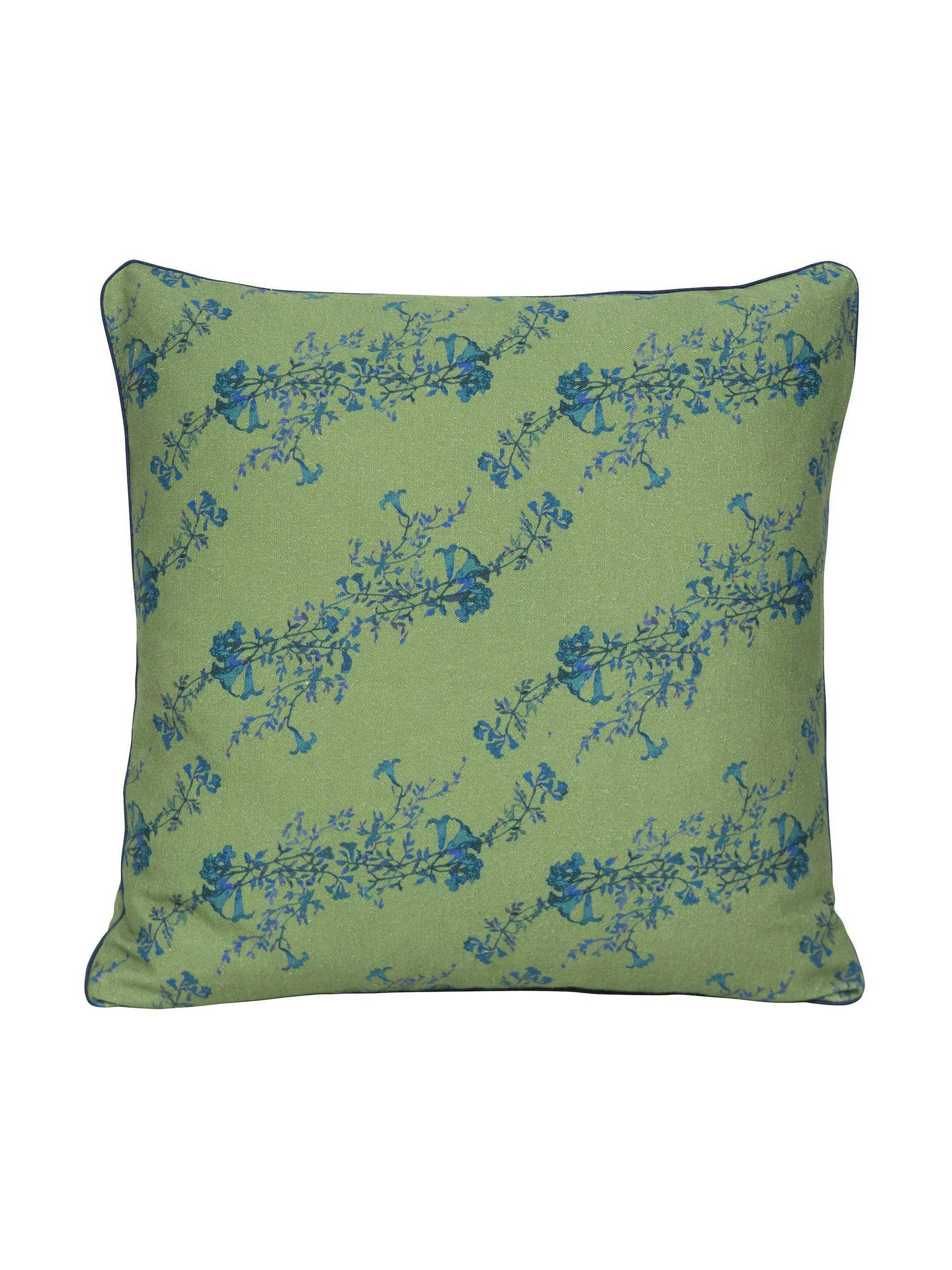 Green floral print linen cushion