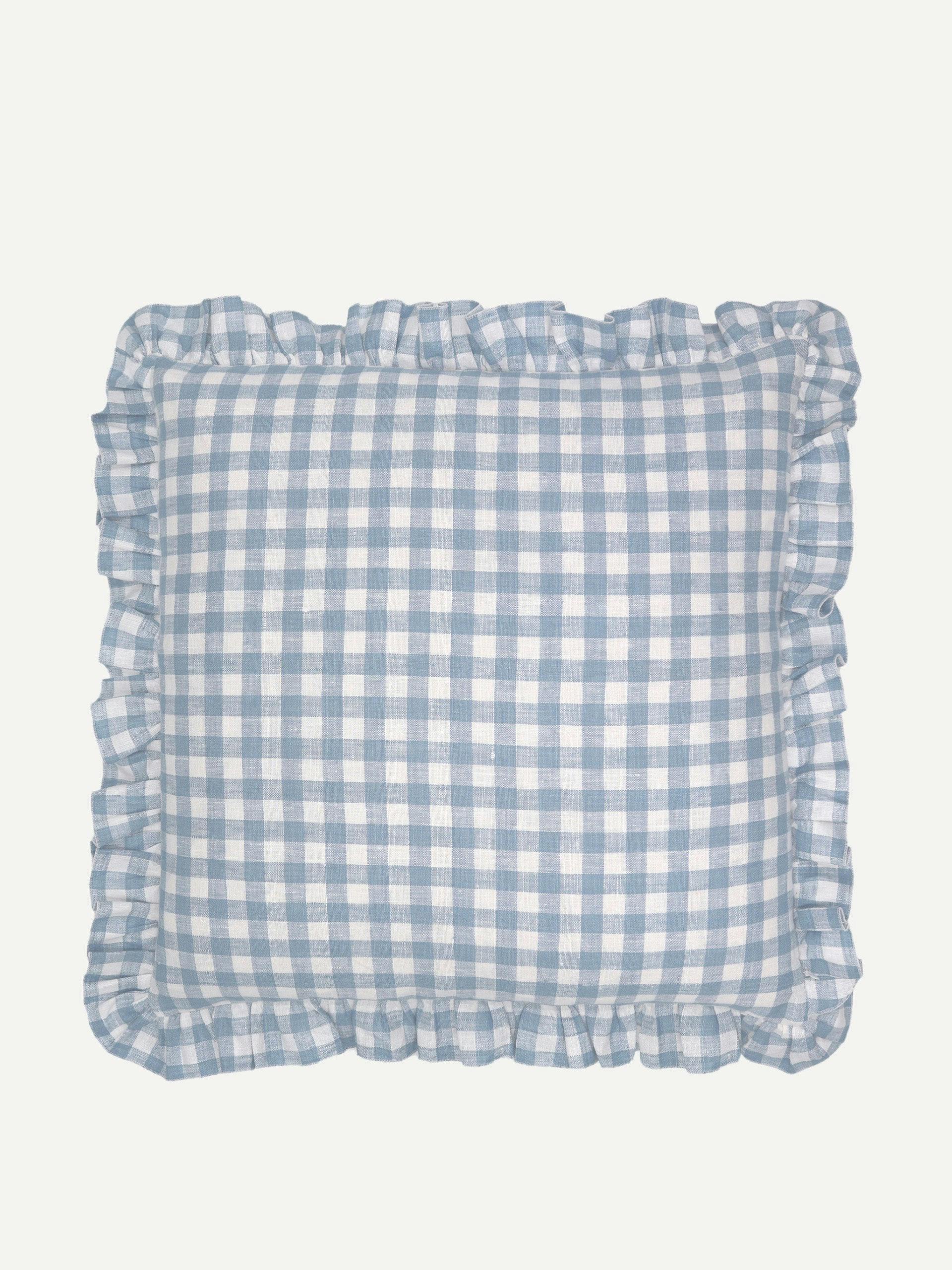 Blue ruffle gingham linen square cushion cover
