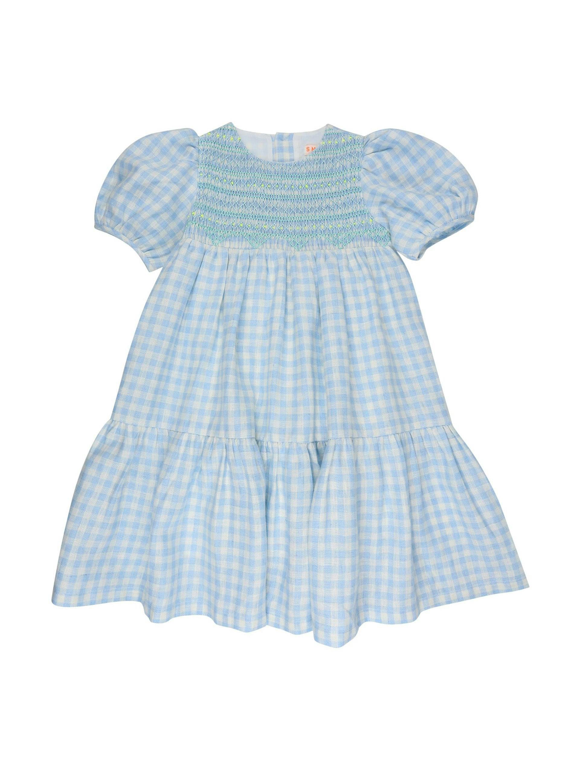 Margaret Graham dress in clear skies gingham with pineapple hand smocking