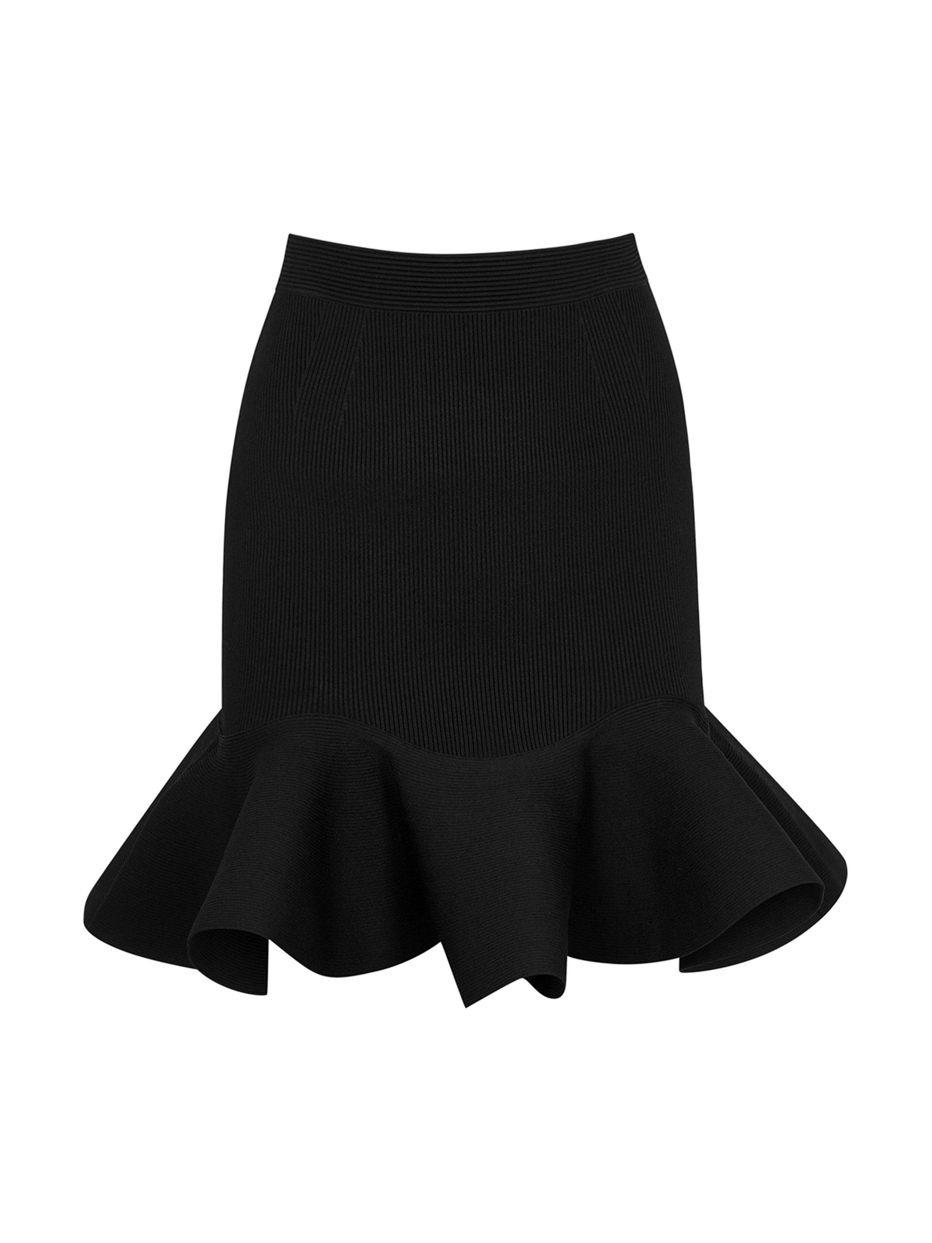 Ruffled ribbed stretch-knit skirt