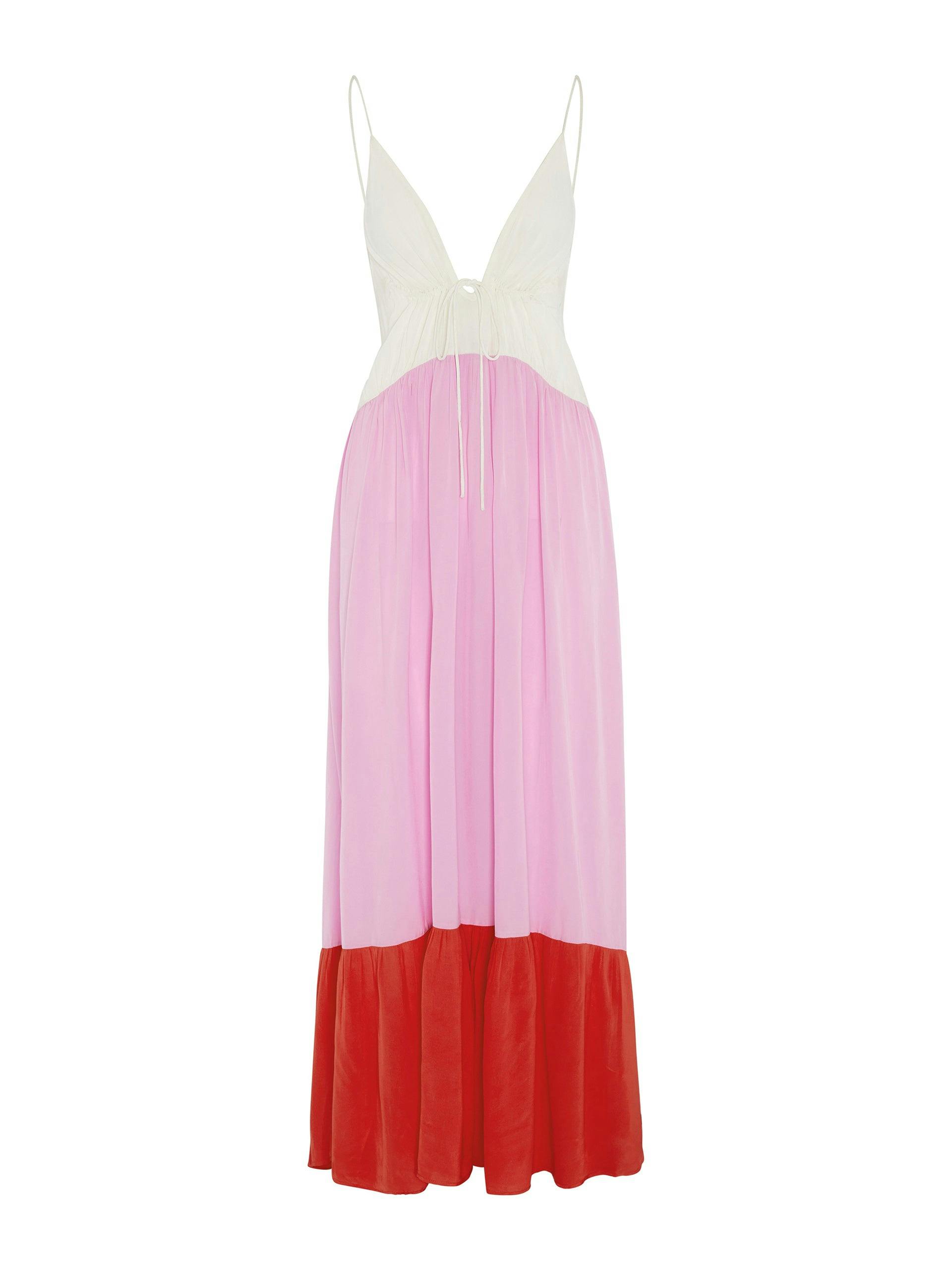 Soft white, orchid and poppy Love dress in Crepe de Chine