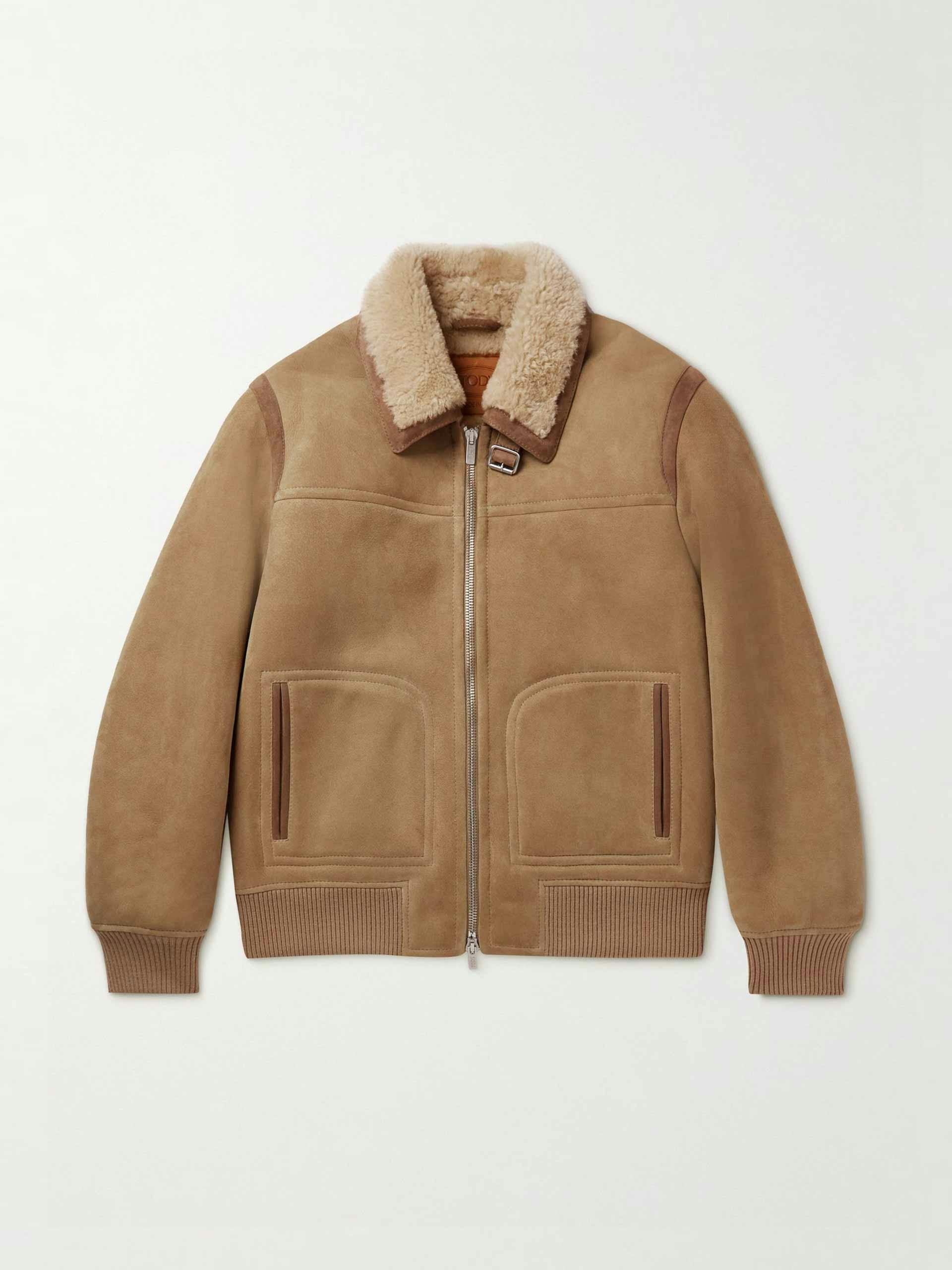 Shearling-lined suede bomber jacket