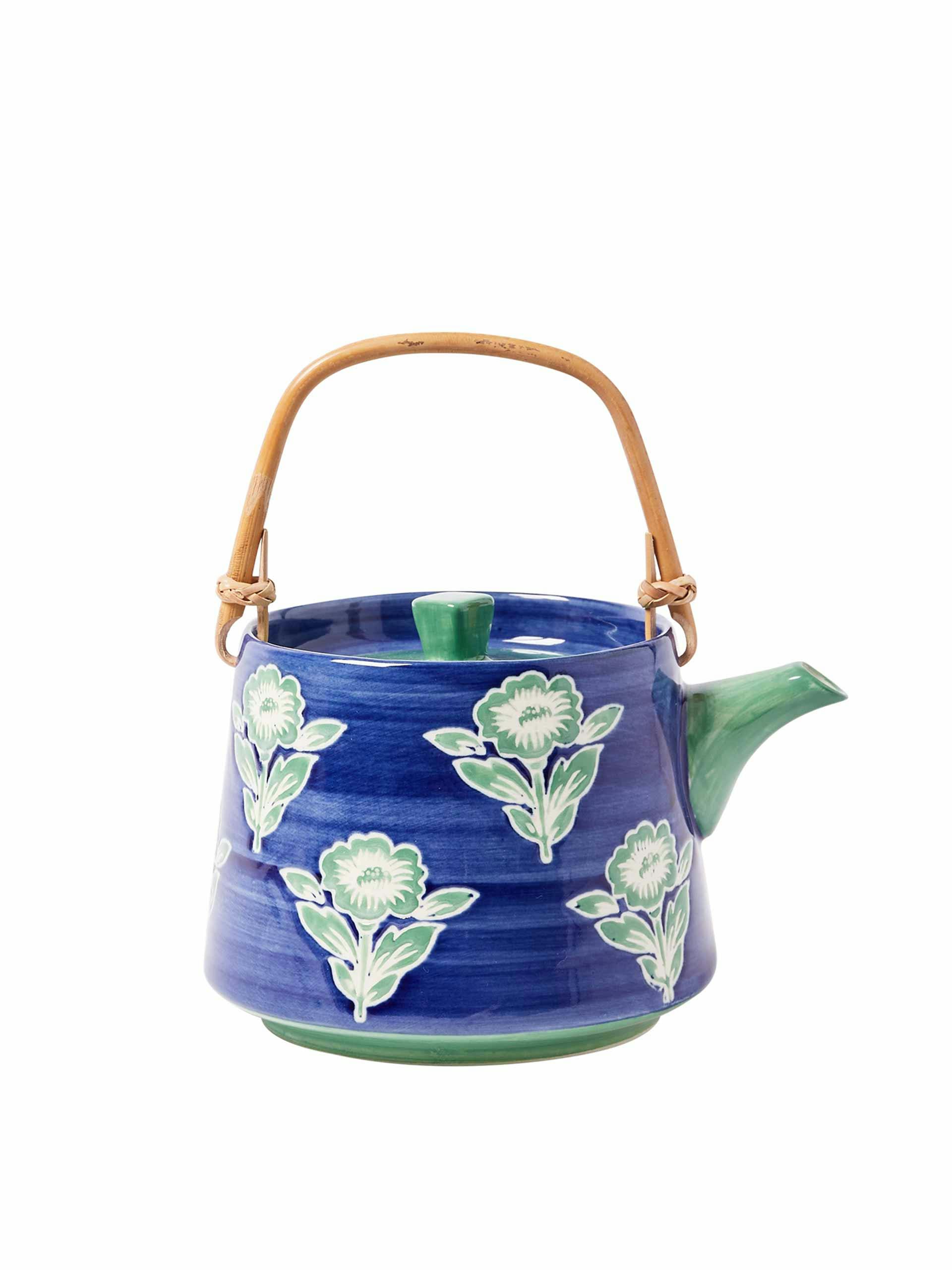 Floral blue ceramic teapot