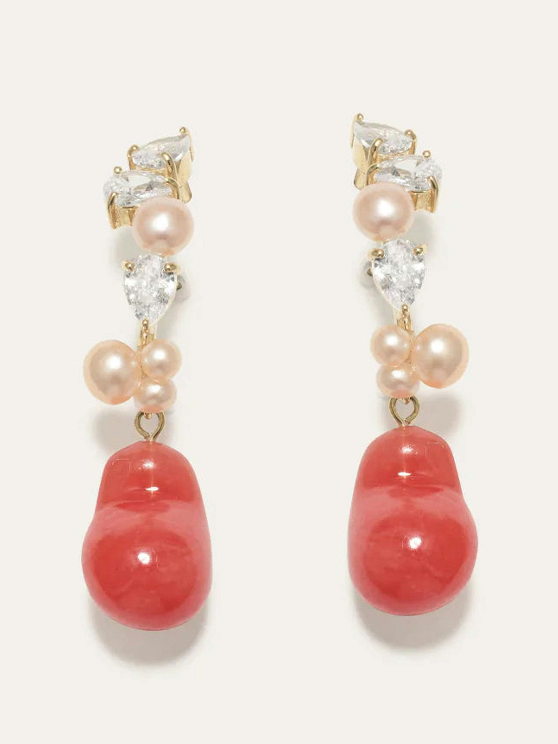 "Eze-eh" pink pearl and coral resin with zirconia gold vermeil earrings