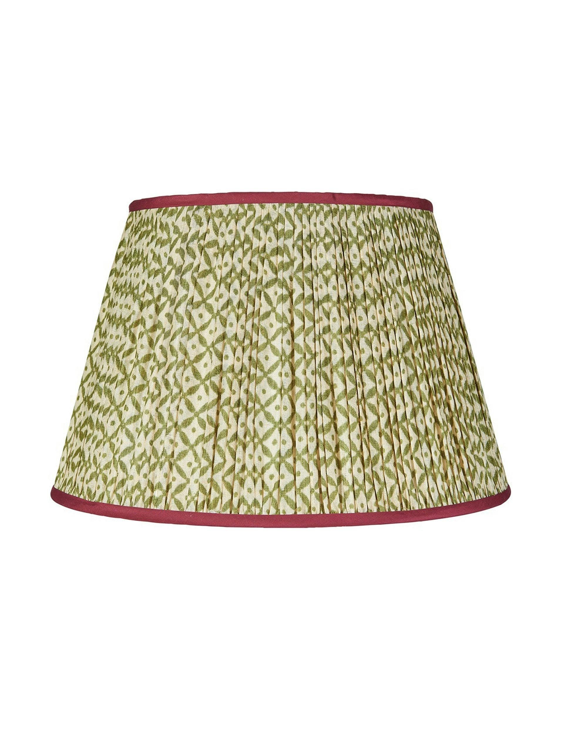Green trellis pleated silk lampshade with red trim