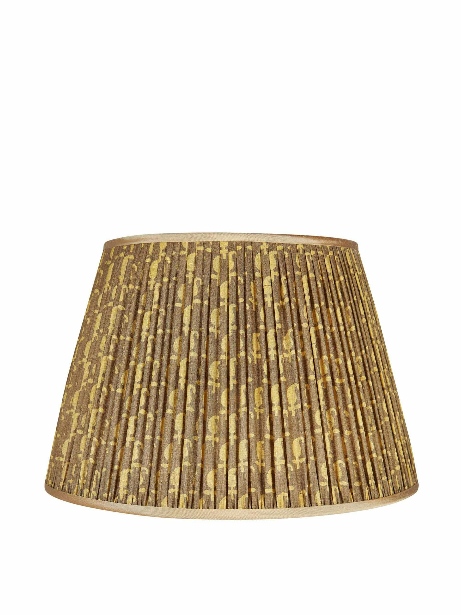 Gold and olive motif pleated silk lampshade with gold trim