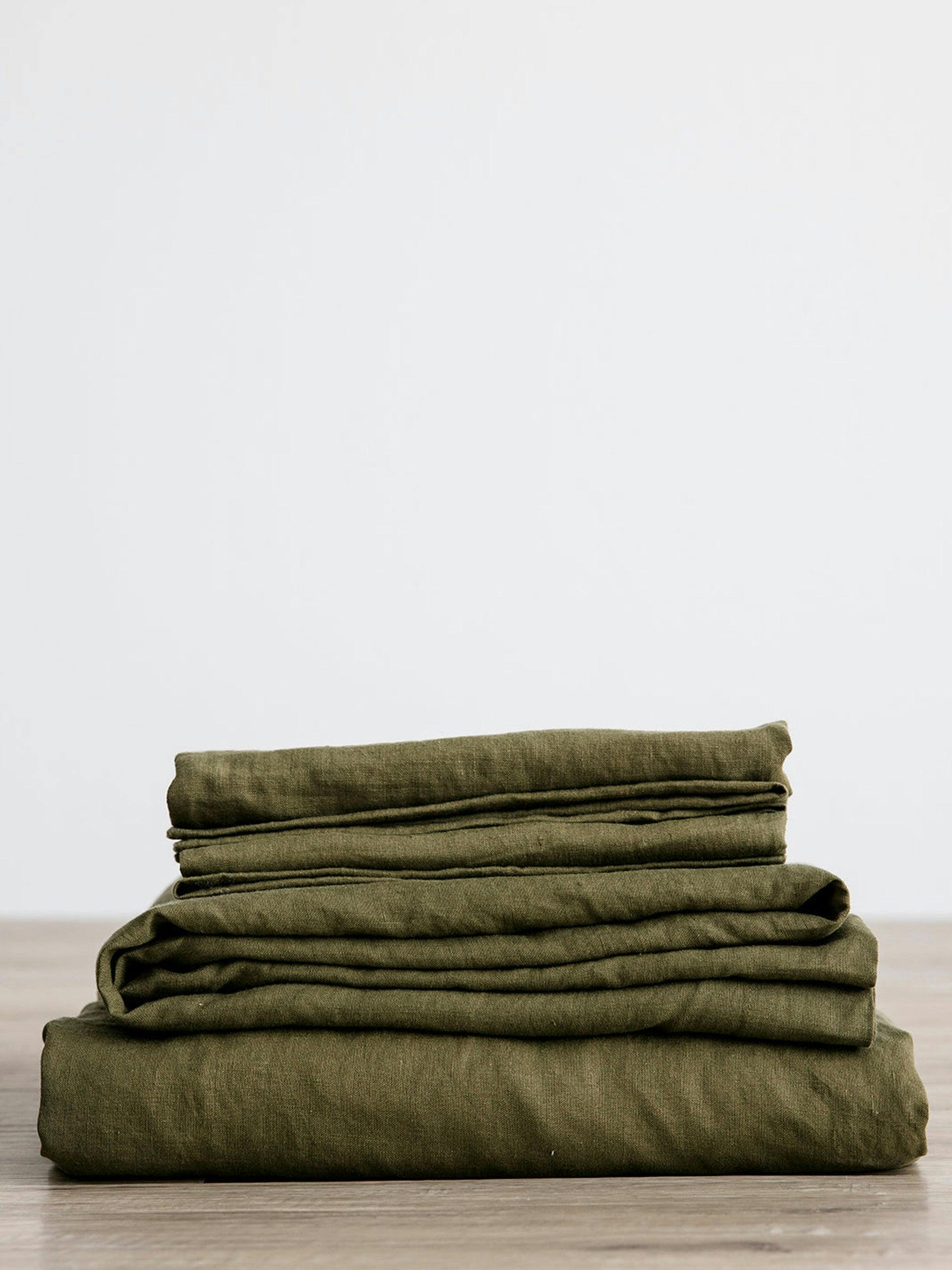 Olive linen sheet set with pillowcases