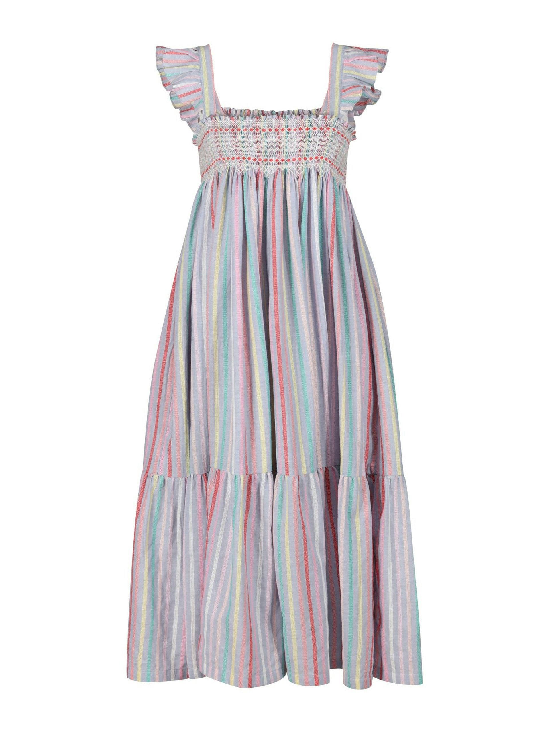 Rainbow stripe Rachel Carson women's dress with cloud hand smocking