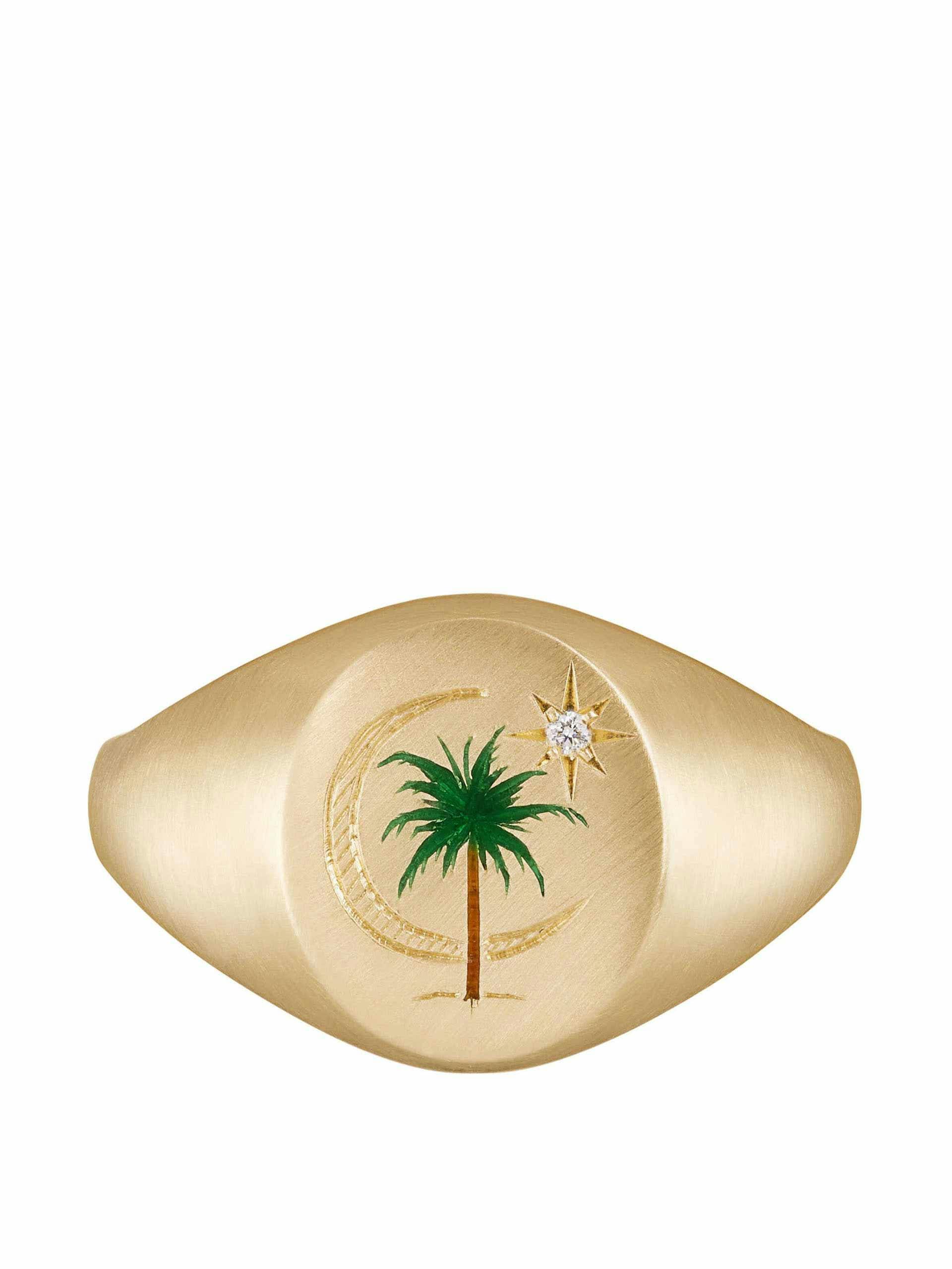 Palm & moon gold hand-painted enamel ring