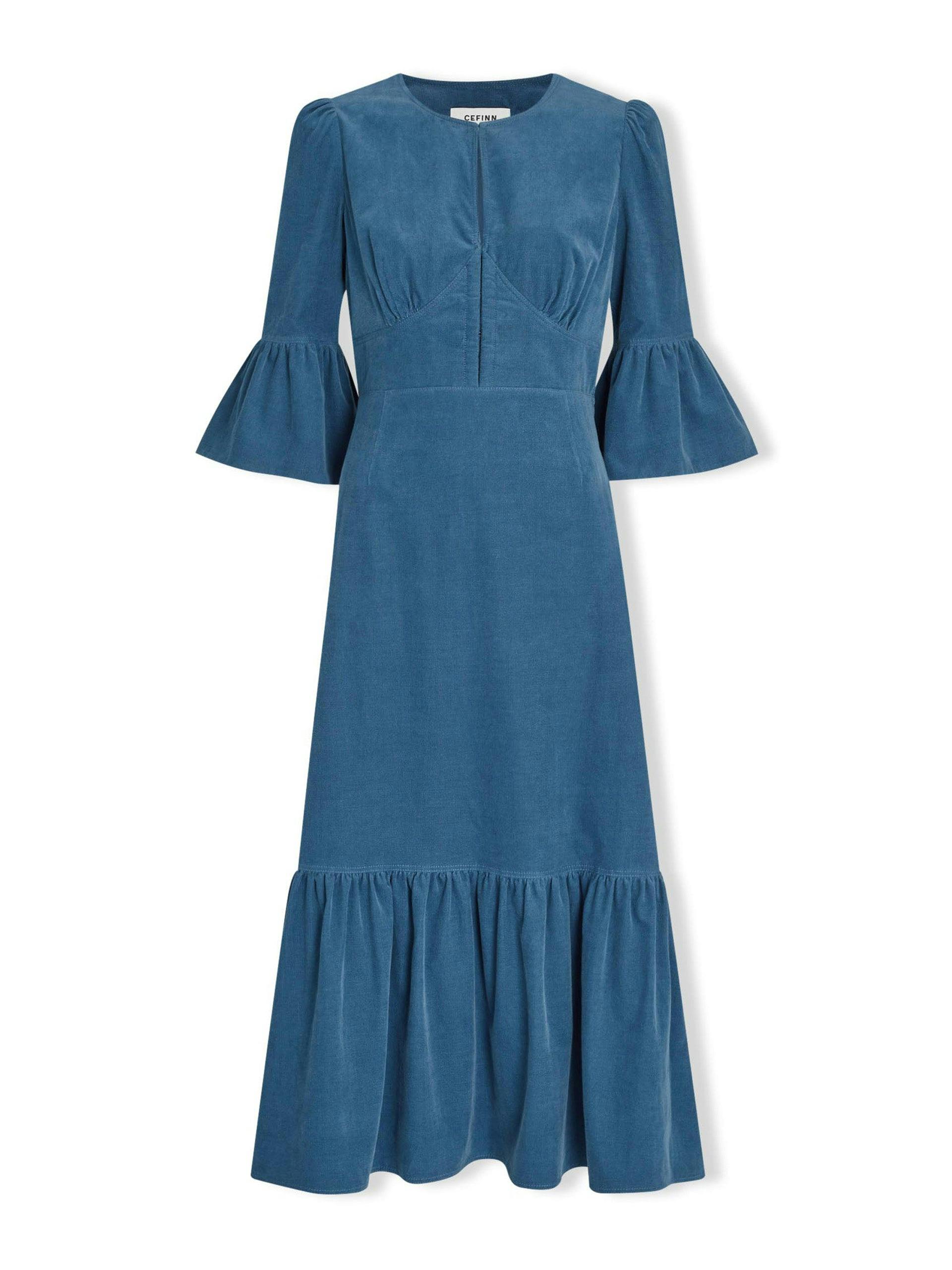 Daphne round neck mid-blue pin corduroy dress