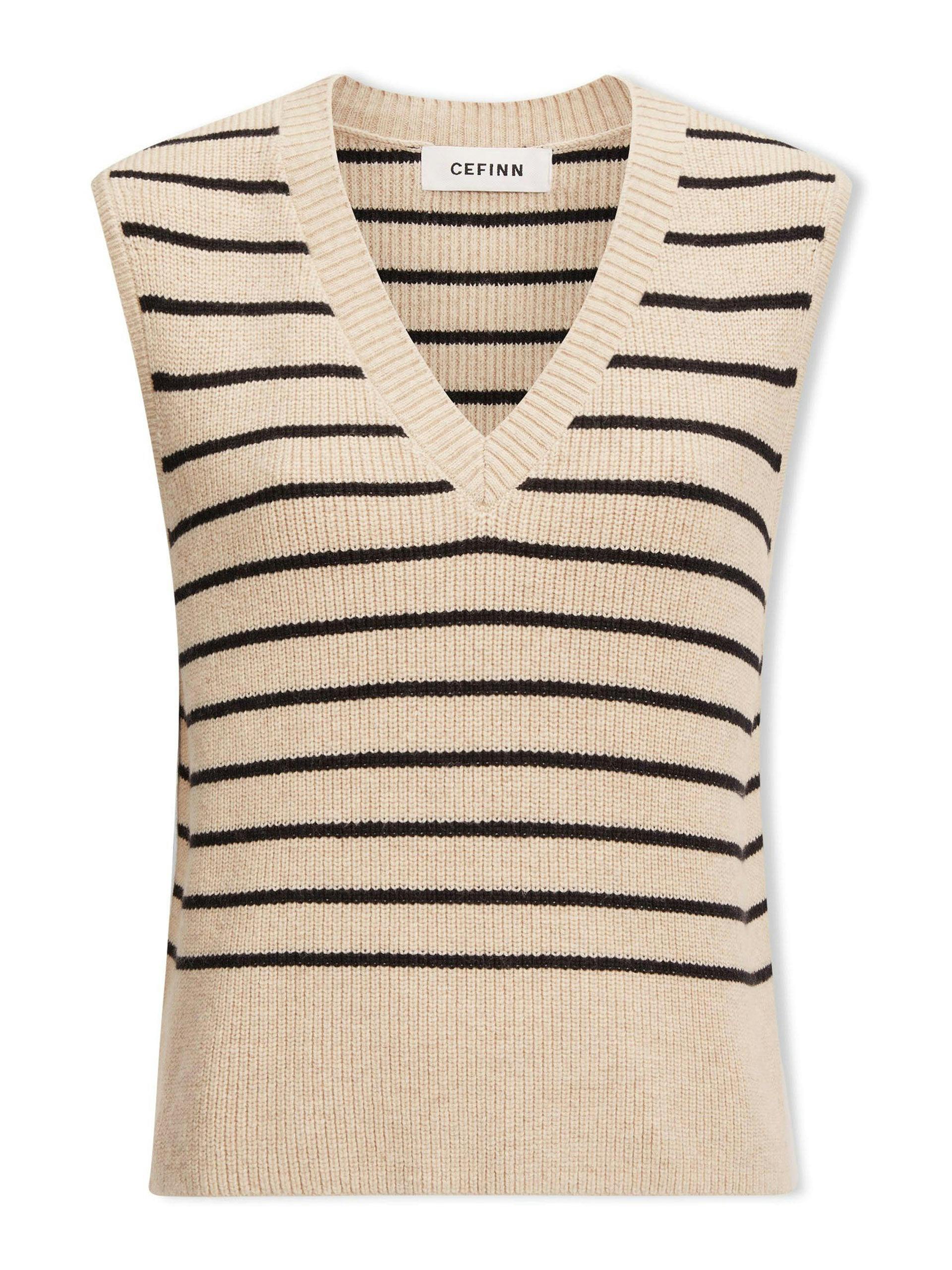 Julie sand black stripe cotton v neck sleeveless jumper