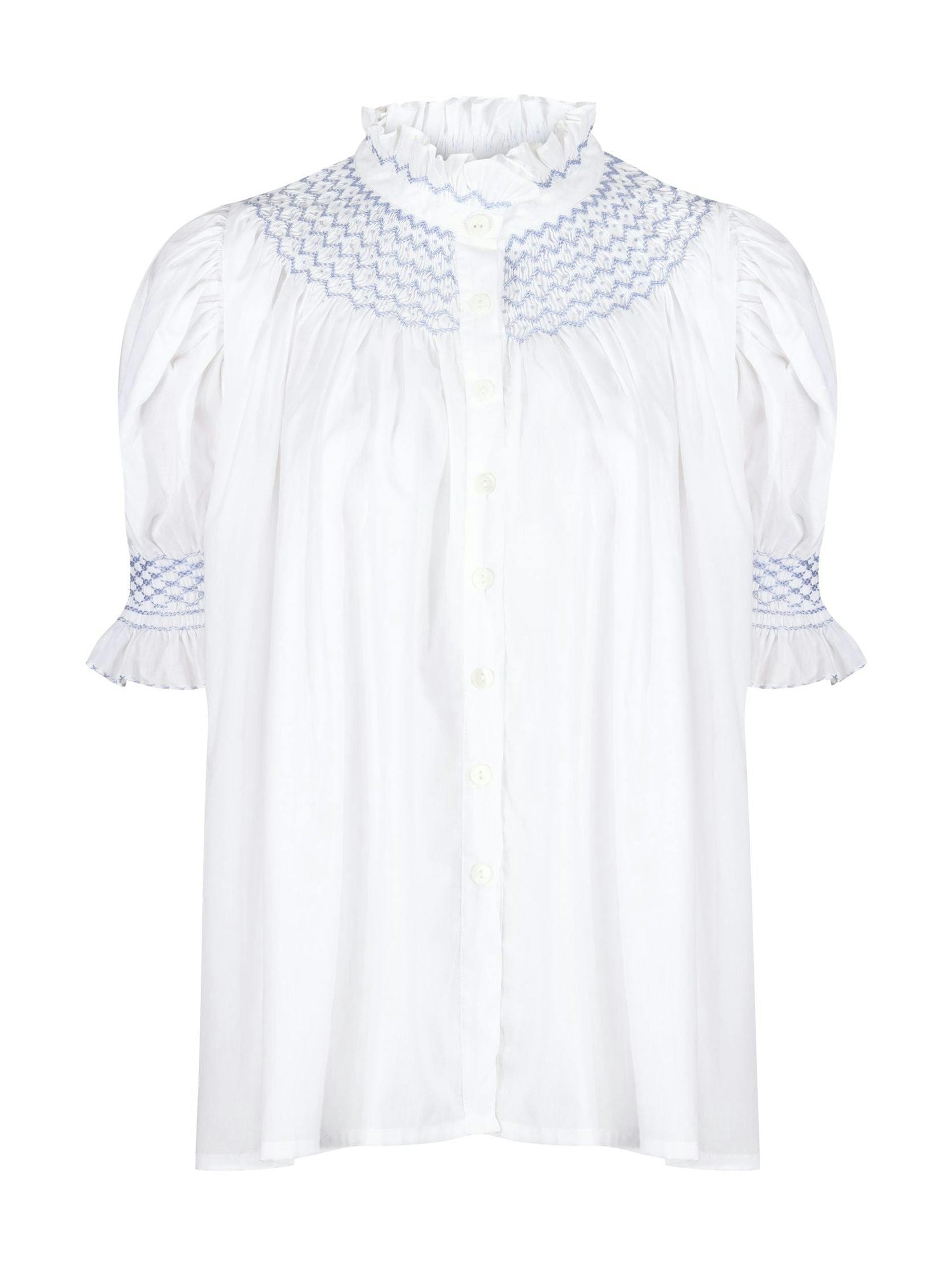 Scholl women's wummer blouse white with forget me not hand smocking