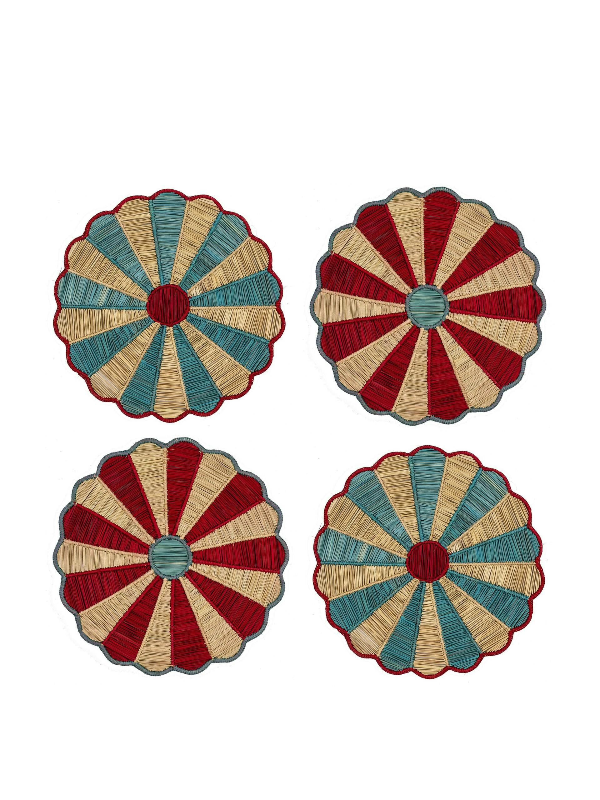 Red and blue handwoven iraca flower placemats (set of 4)