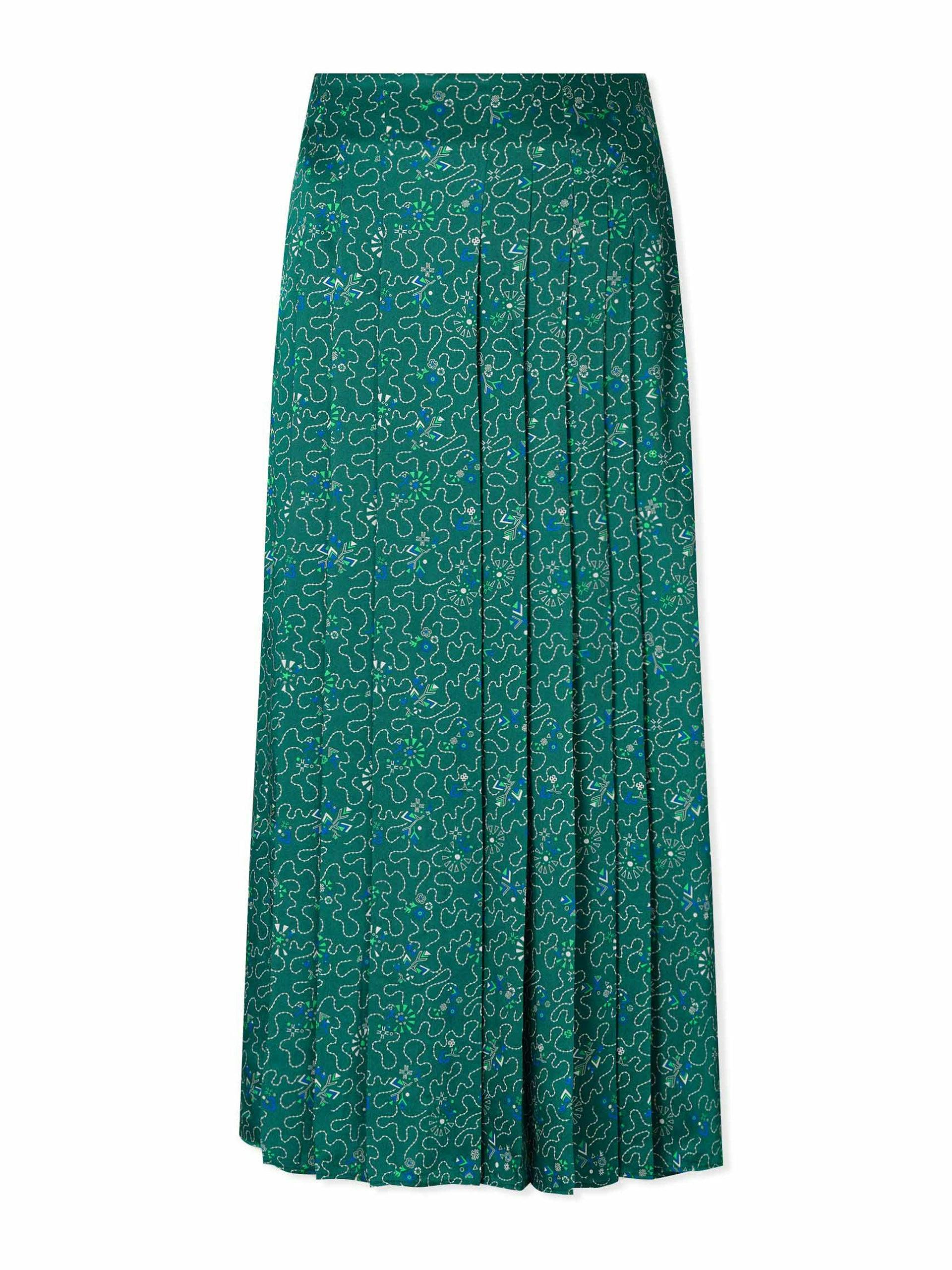 Savannah pleated maxi skirt in green and white wiggle print