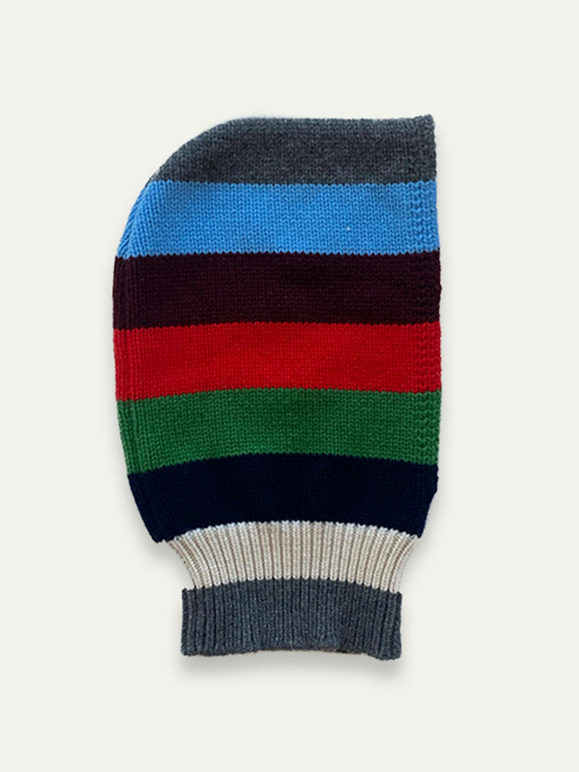 Hand knitted Geelong hood in multi-stripe