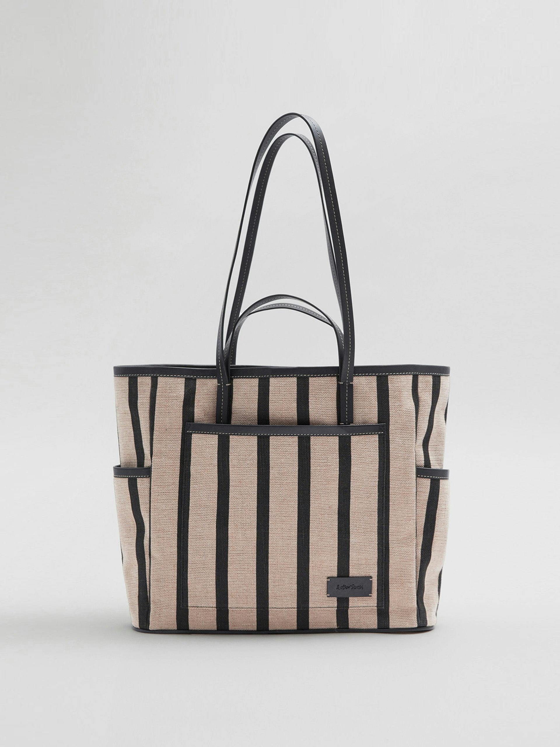 Large leather trimmed striped tote