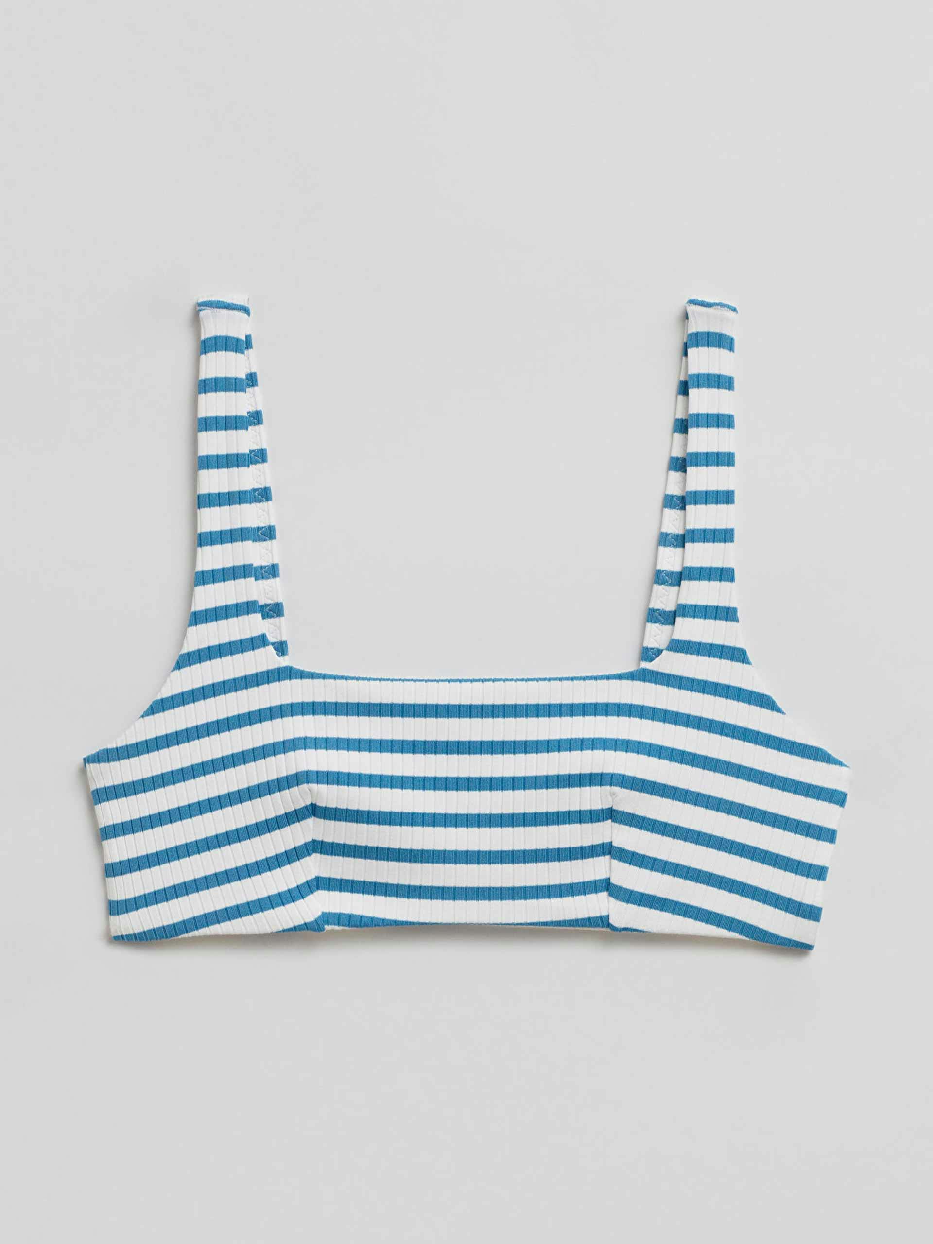 Blue and white striped ribbed bikini top