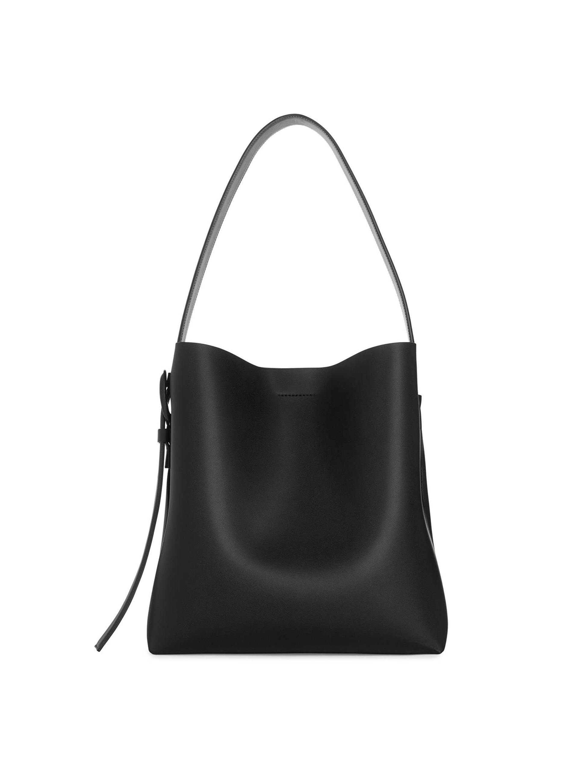 Black leather tote with buckle