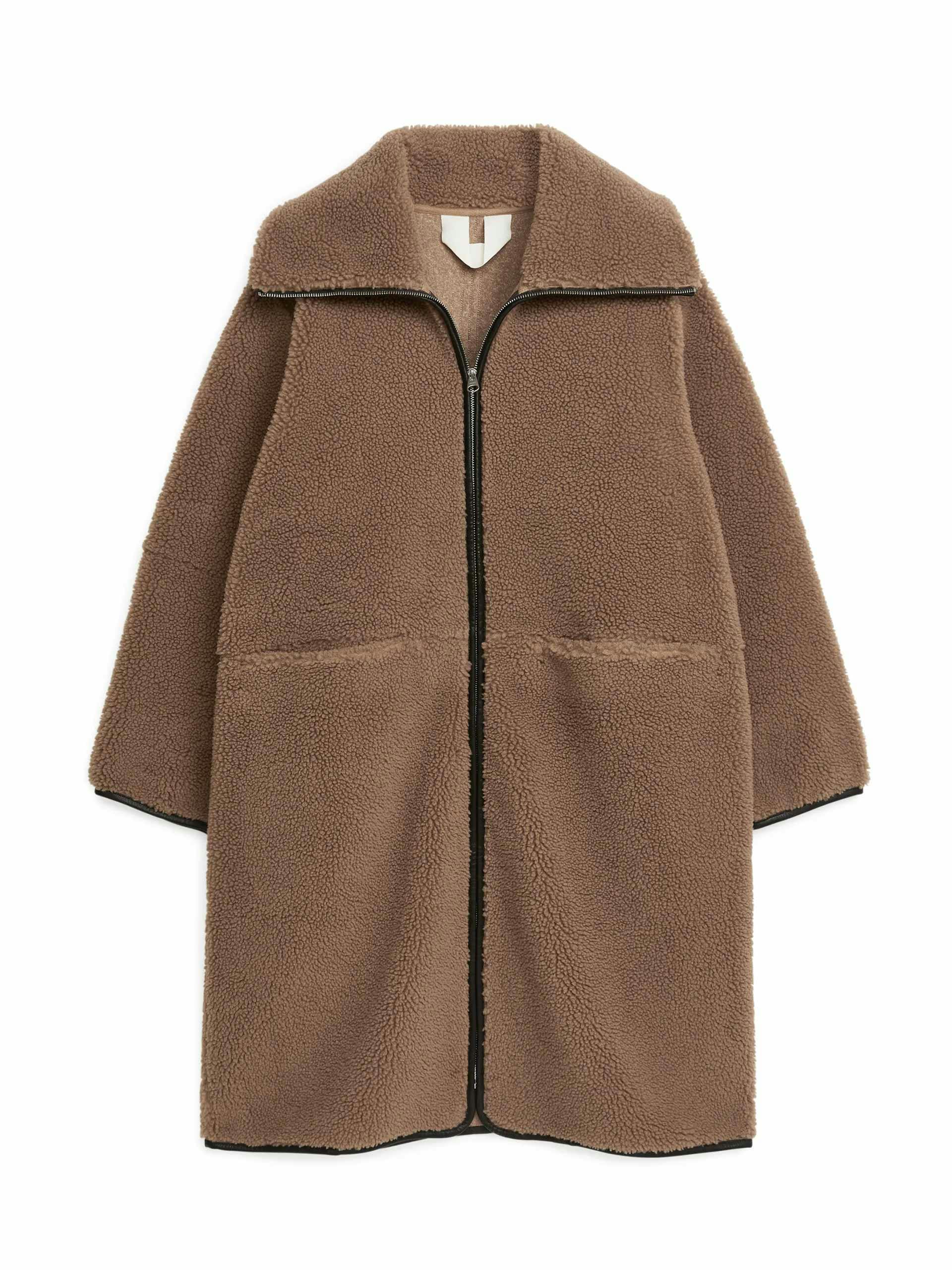 Leather-trimmed teddy coat