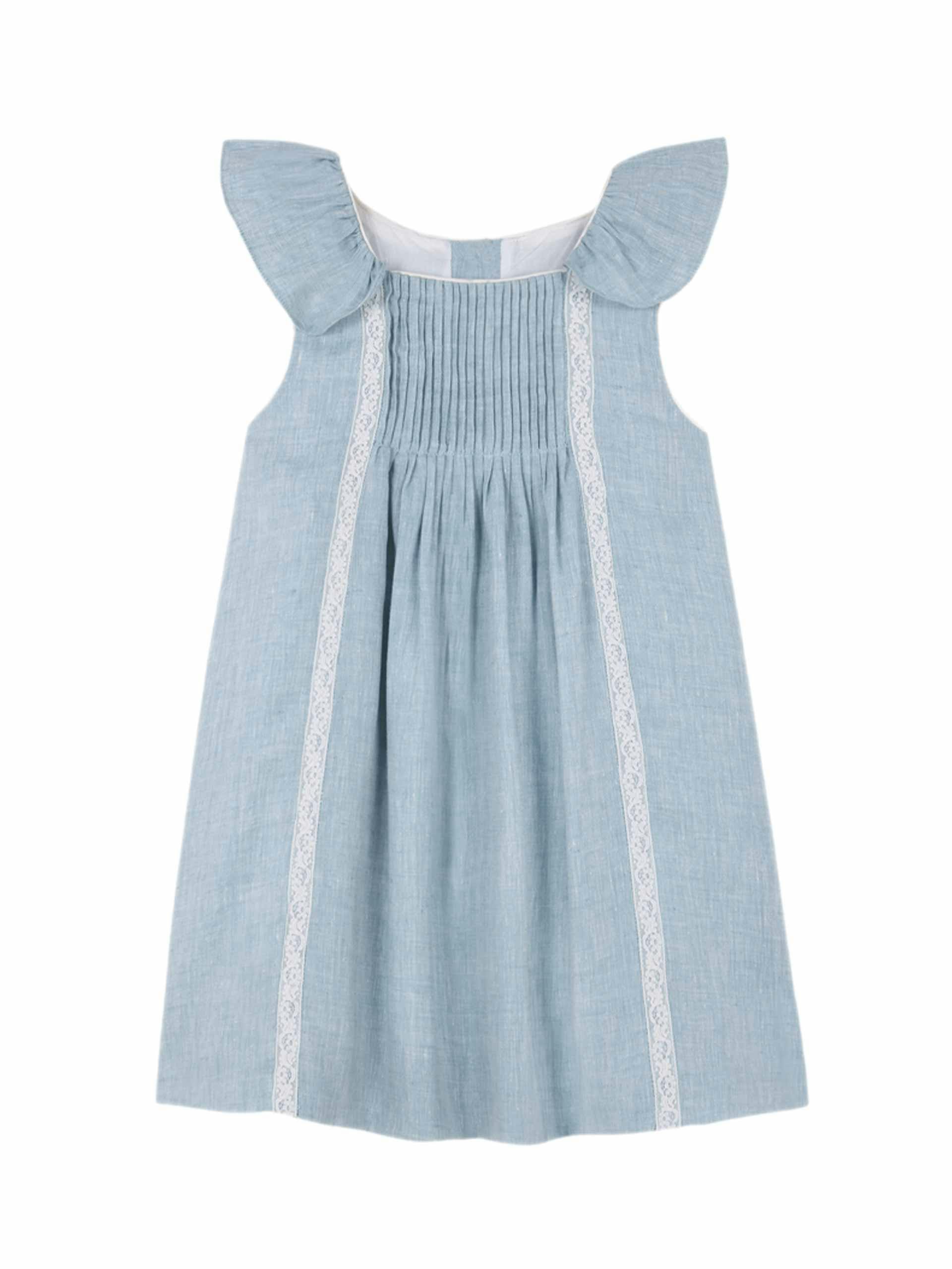 Blue lace pleated linen dress