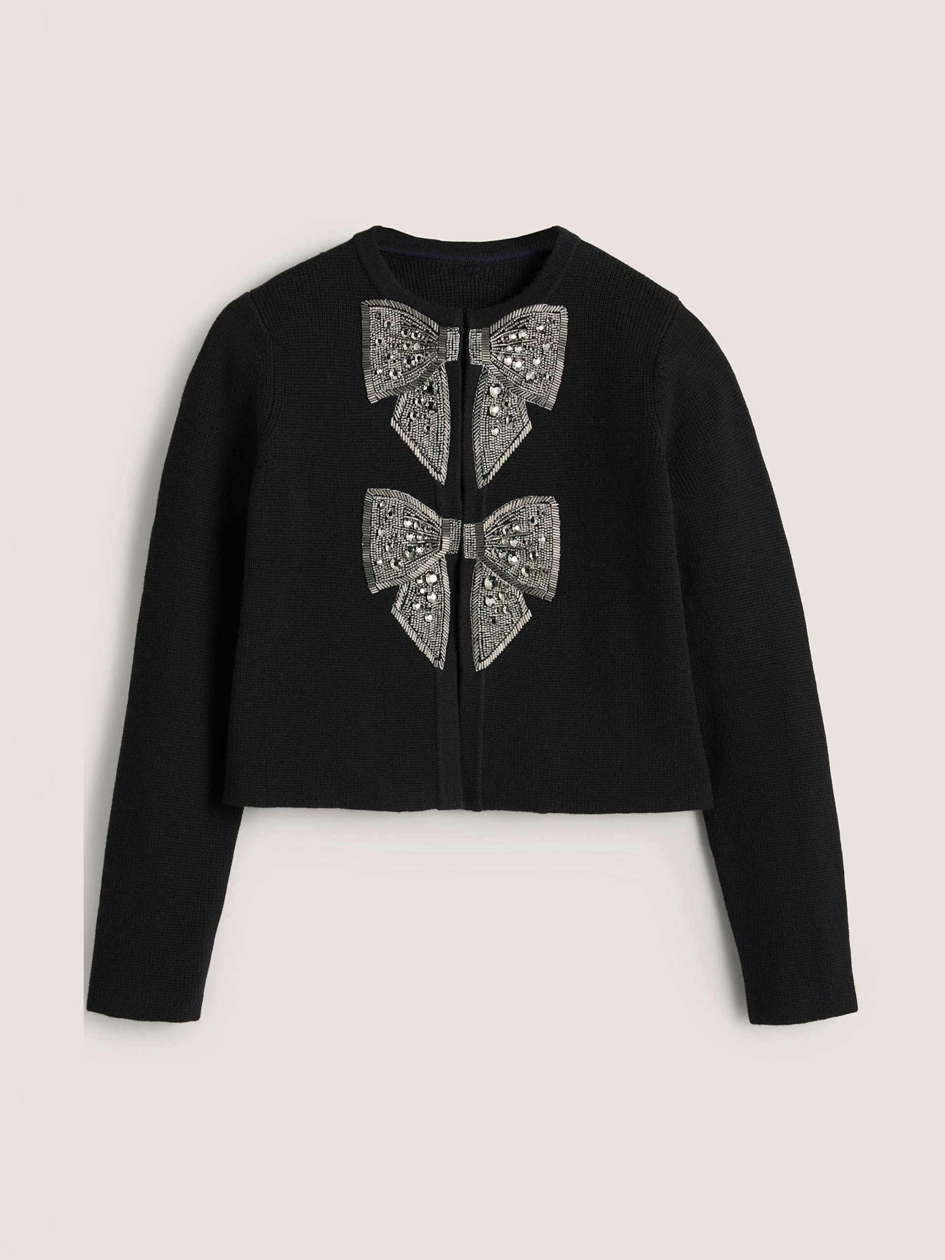 Knit jacket with embellished bows