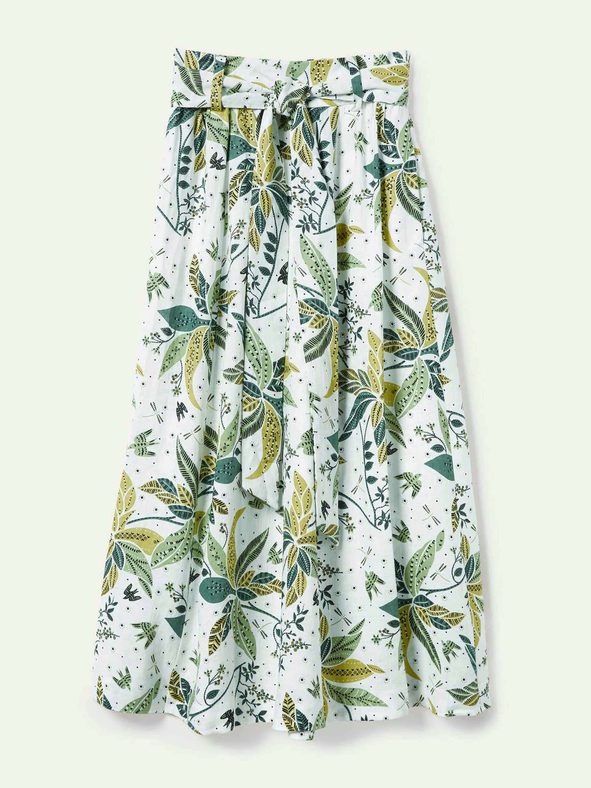 White and green floral linen midi skirt