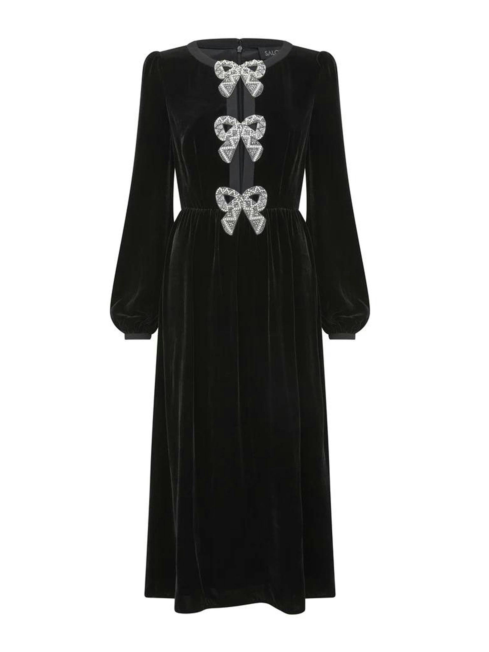 Camille velvet embellished bows long dress in black