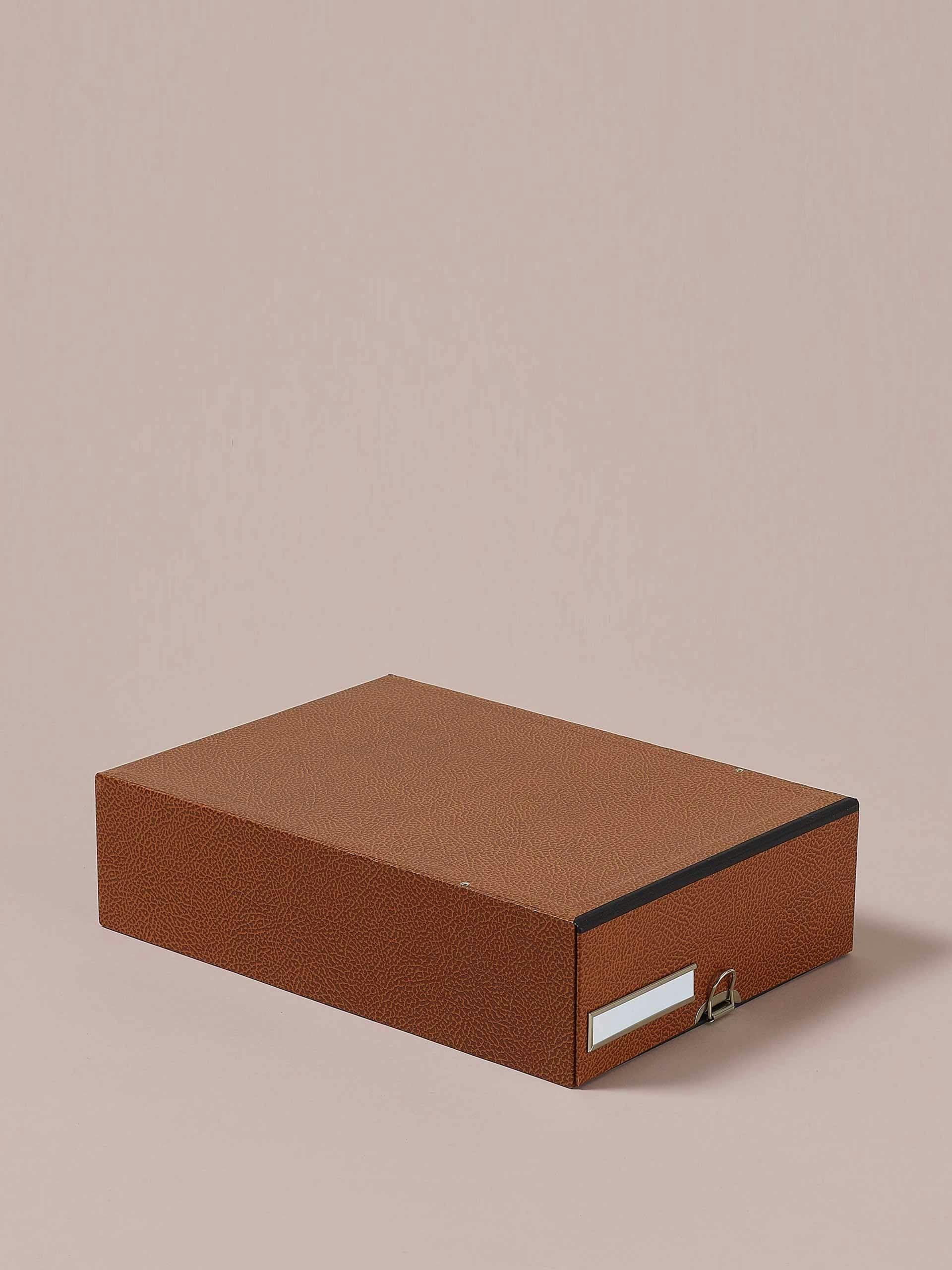 Hardback archival box with drawer and chrome label holder