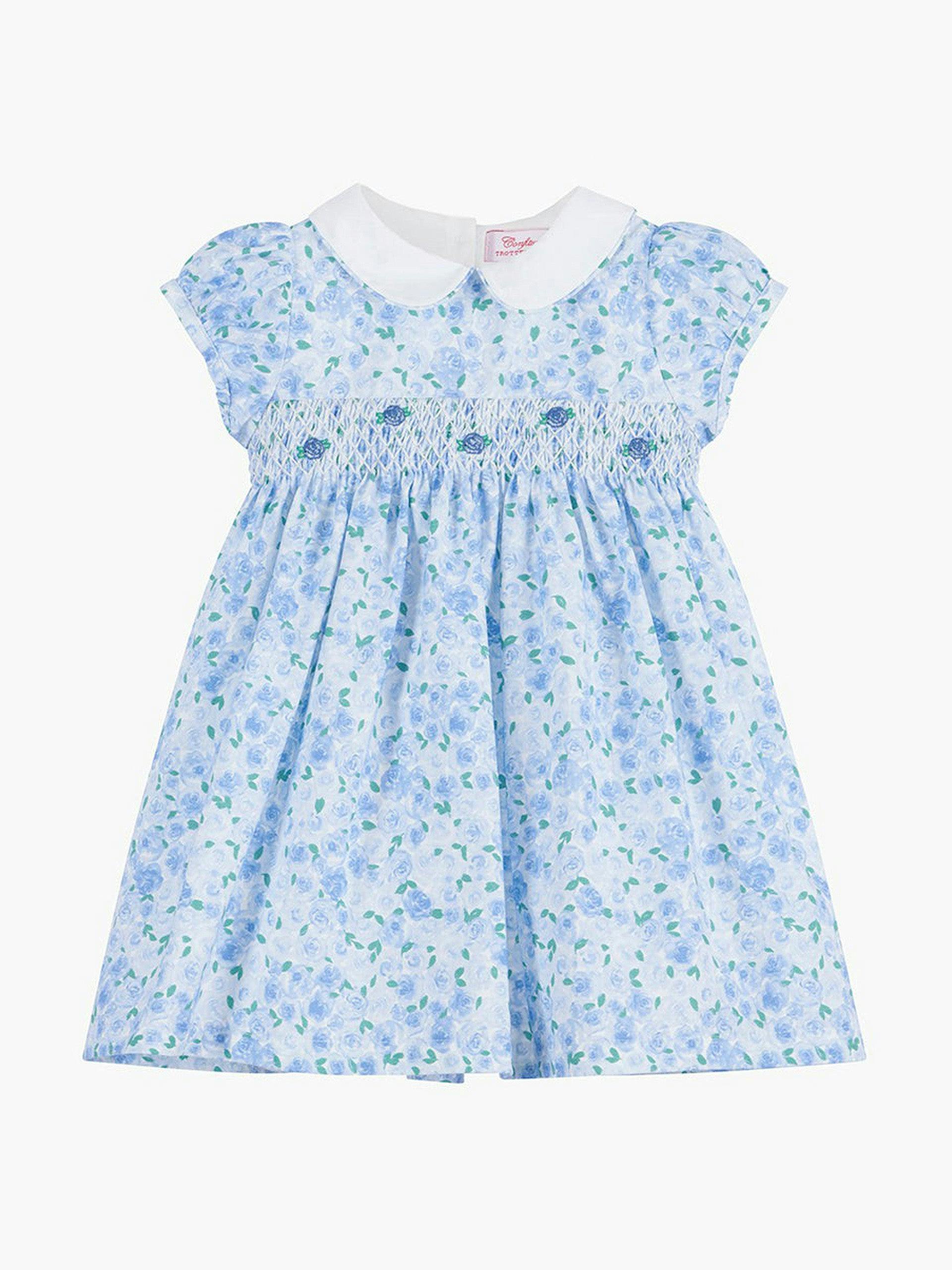 Little girls Rosie smocked dress in pale blue rose