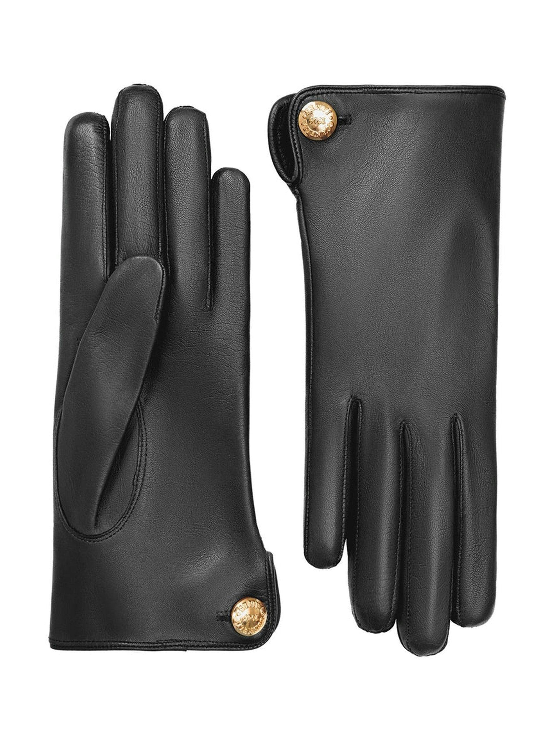 Black leather gloves with gold buttons