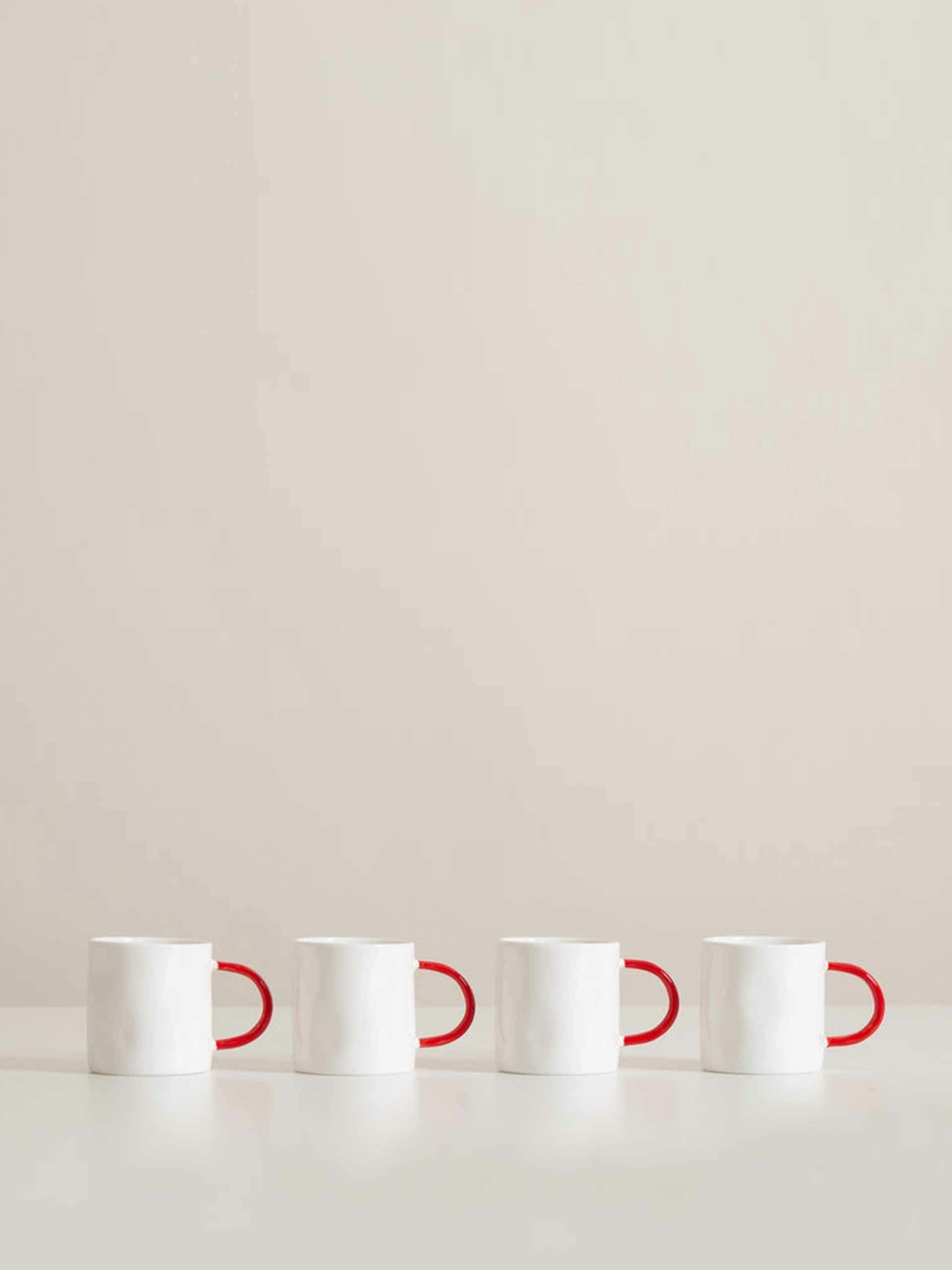 White espresso cups with red handles (set of four)