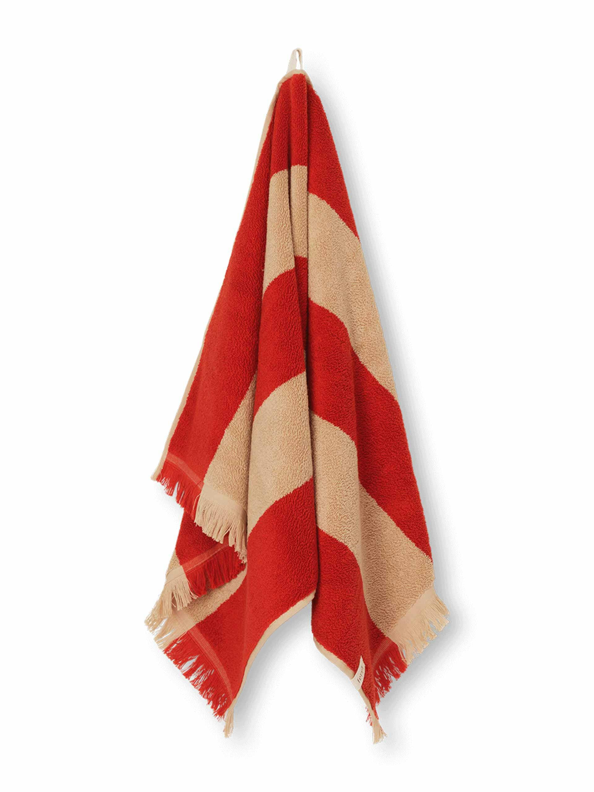 Red and beige striped hand towel