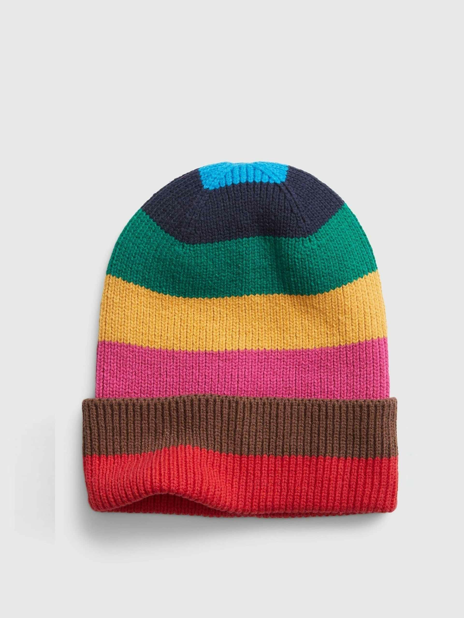 Multi-coloured striped beanie hat