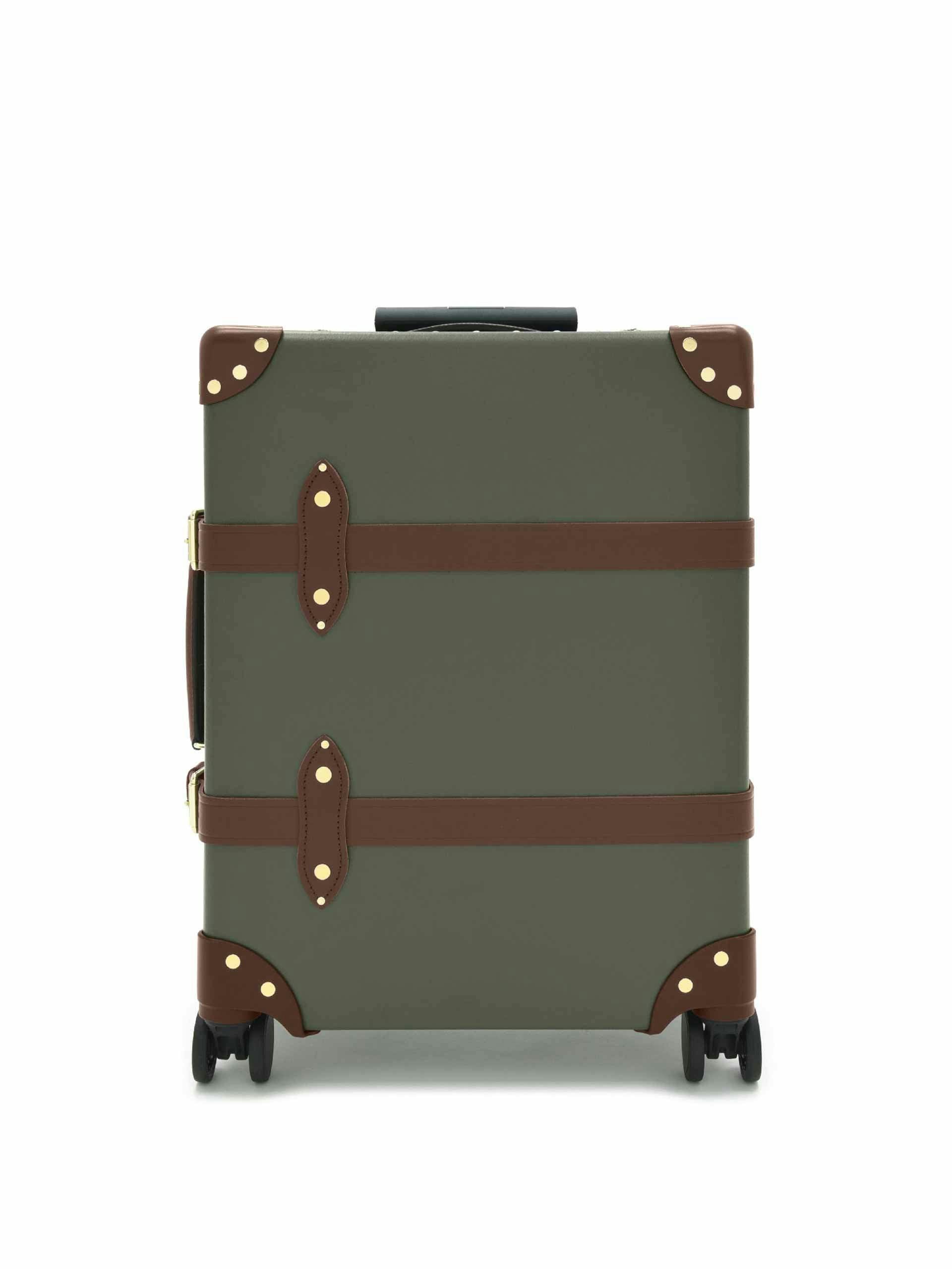 Green and brown carry-on suitcase