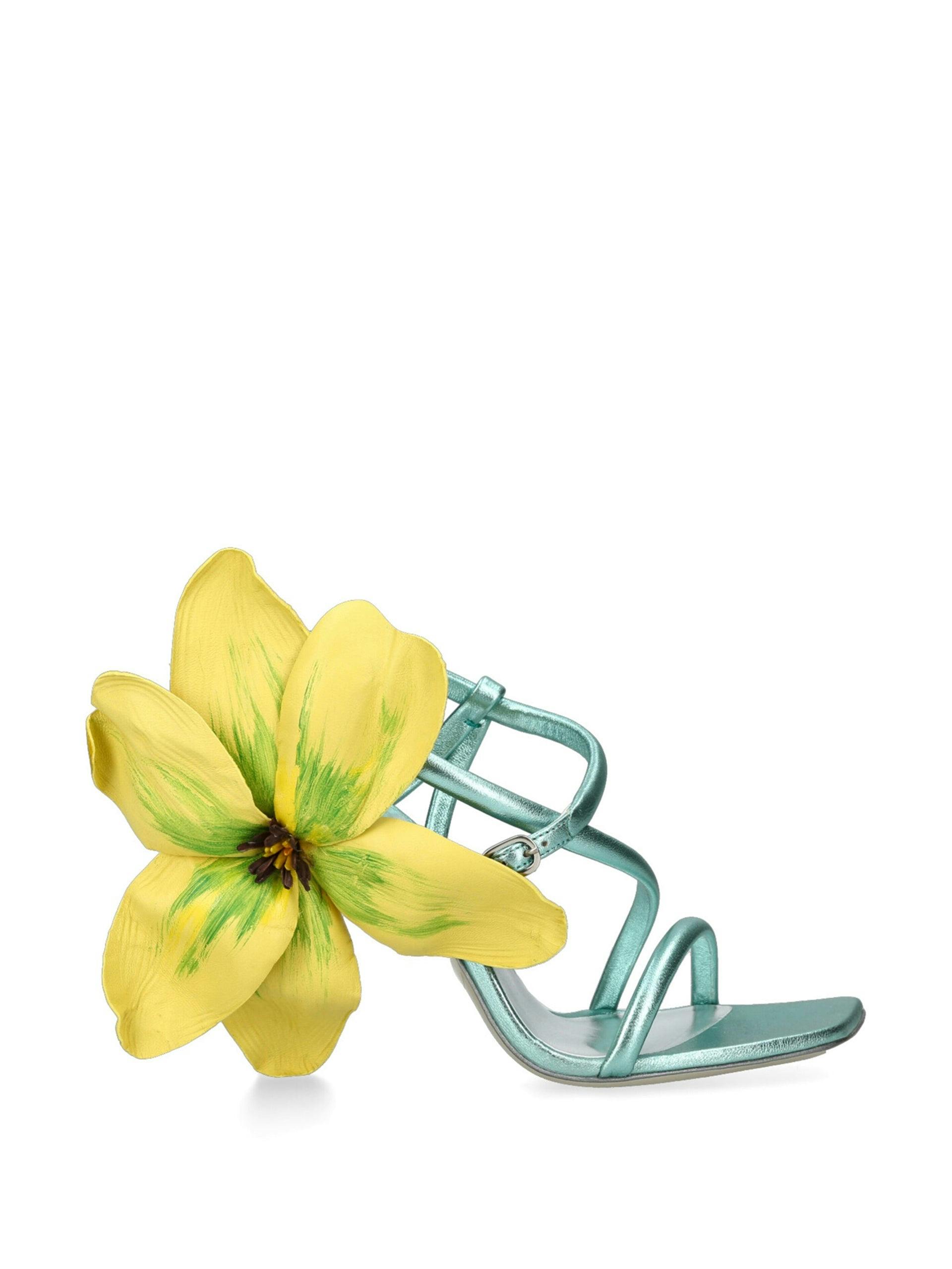 Metallic sandals with floral embellishment